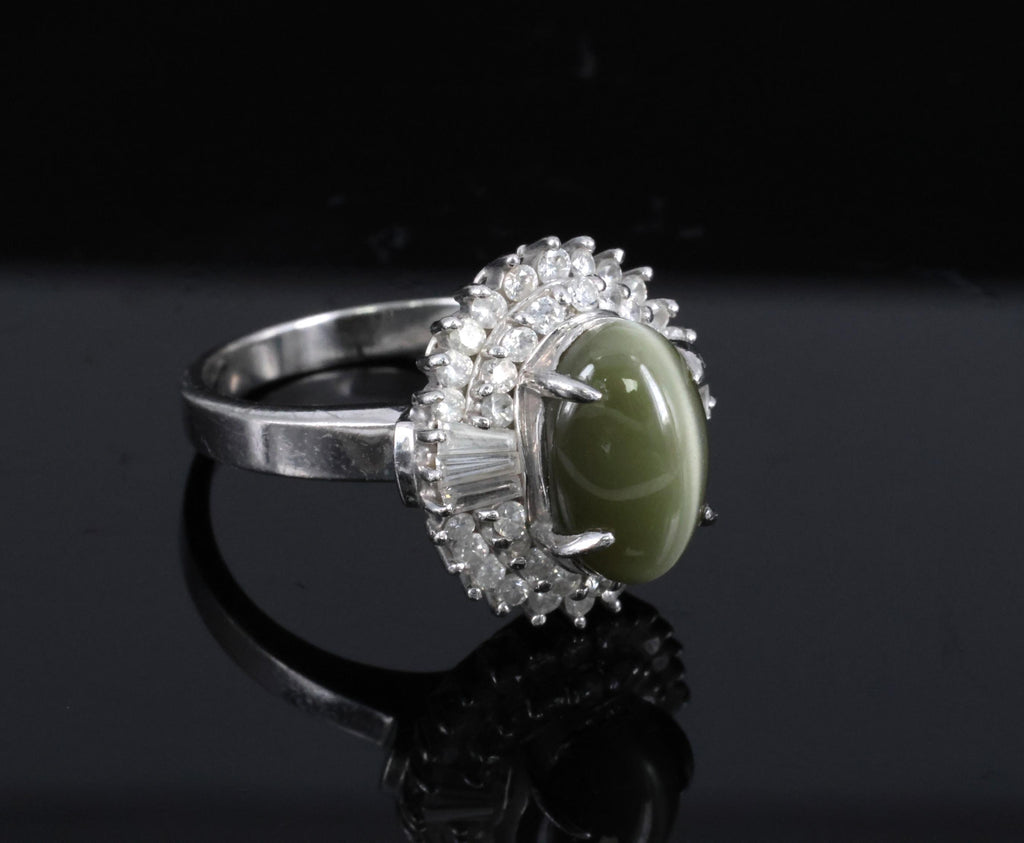 Vintage 5.33ct GIA Chrysoberyl Cat's Eye & 0.90ct Diamond Platinum Ring Size 7.5