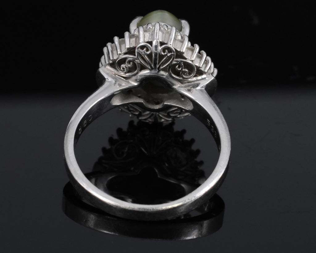 Vintage 5.33ct GIA Chrysoberyl Cat's Eye & 0.90ct Diamond Platinum Ring Size 7.5