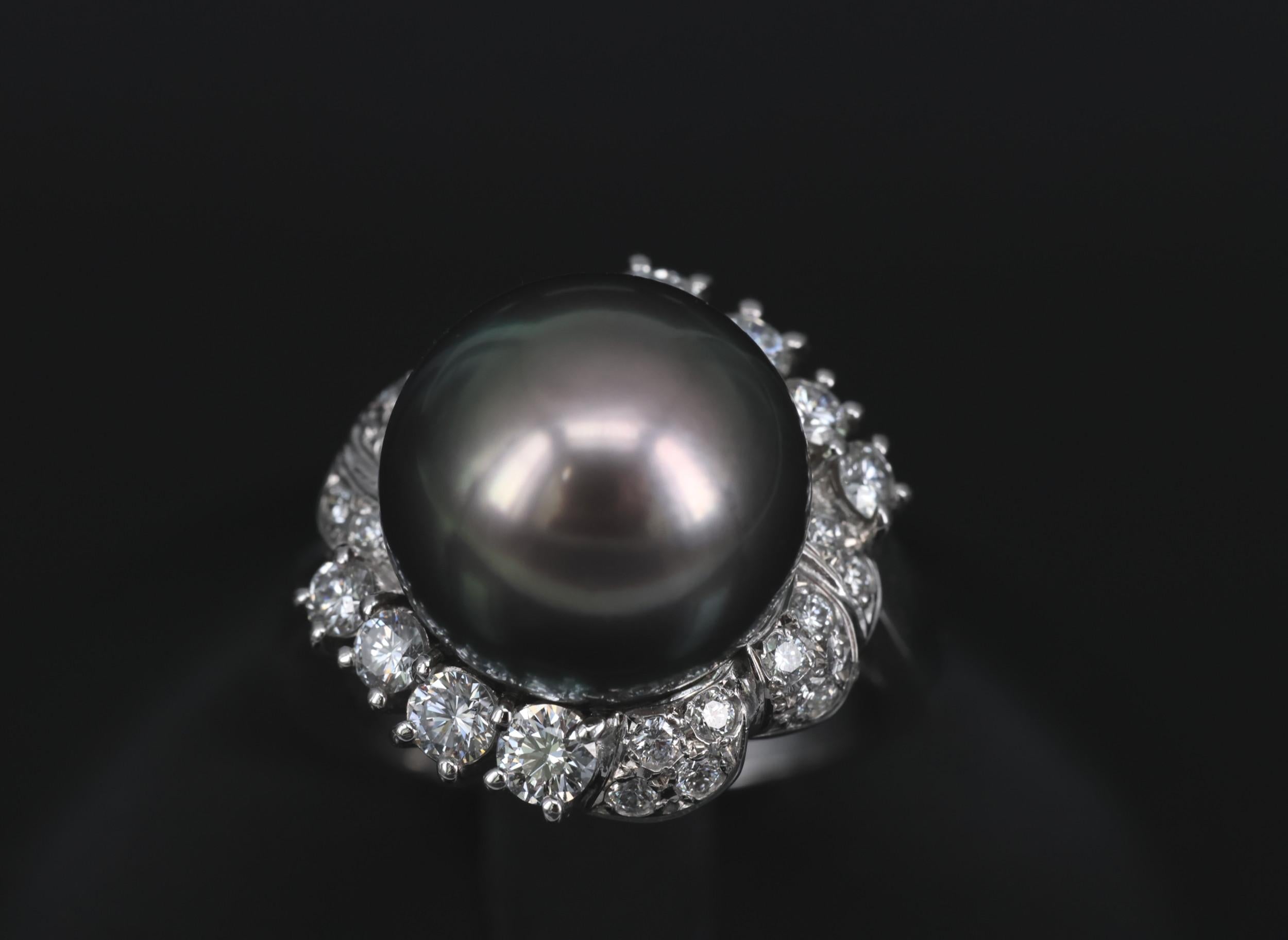 12.1mm Mikimoto Aurora Lagoon Peacock Pearl 0.67ct Diamond Platinum Ring Sz-5.5