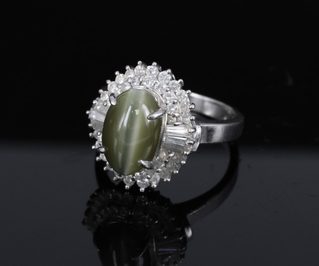 Vintage 5.33ct GIA Chrysoberyl Cat's Eye & 0.90ct Diamond Platinum Ring Size 7.5