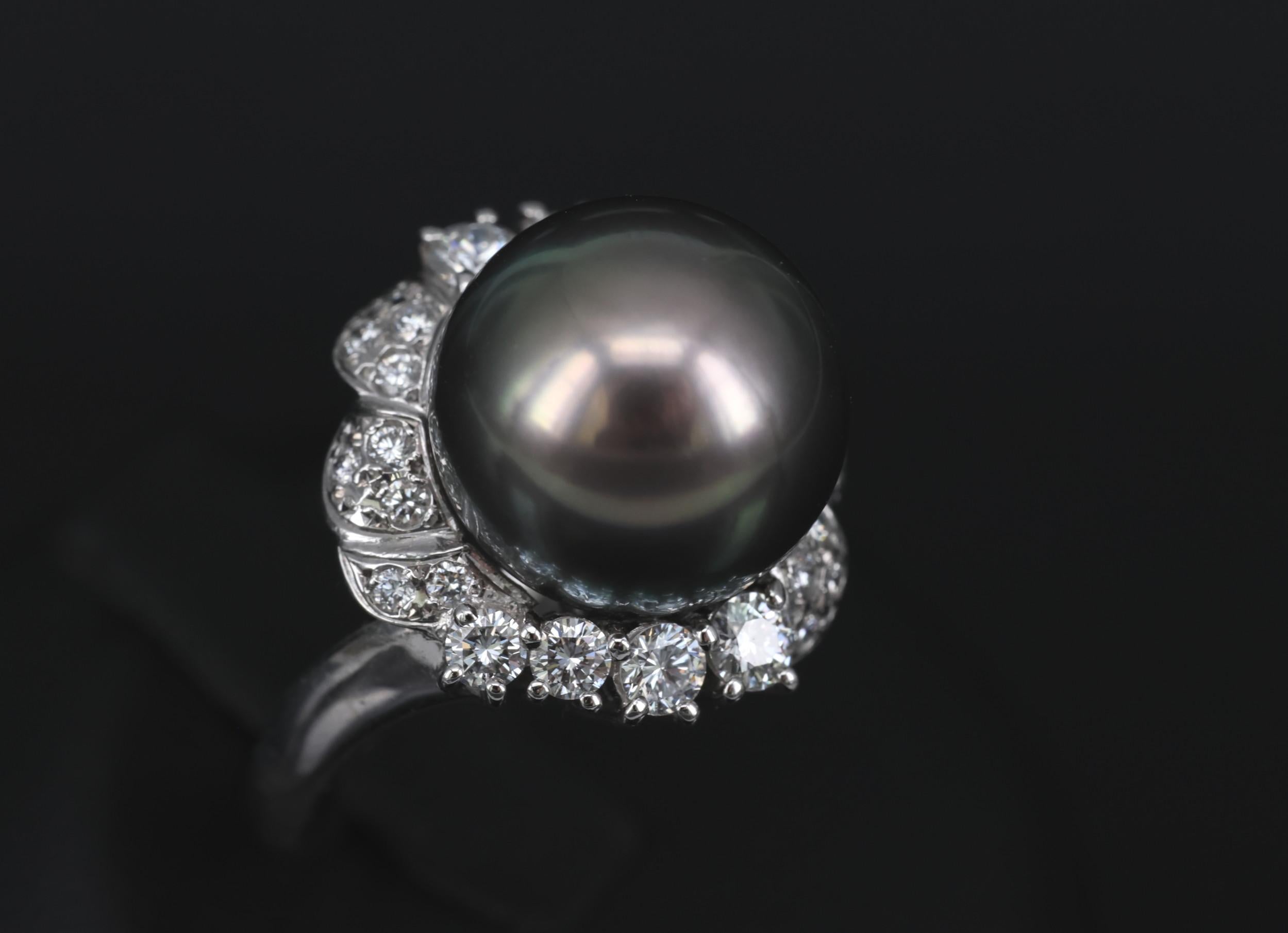 12.1mm Mikimoto Aurora Lagoon Peacock Pearl 0.67ct Diamond Platinum Ring Sz-5.5