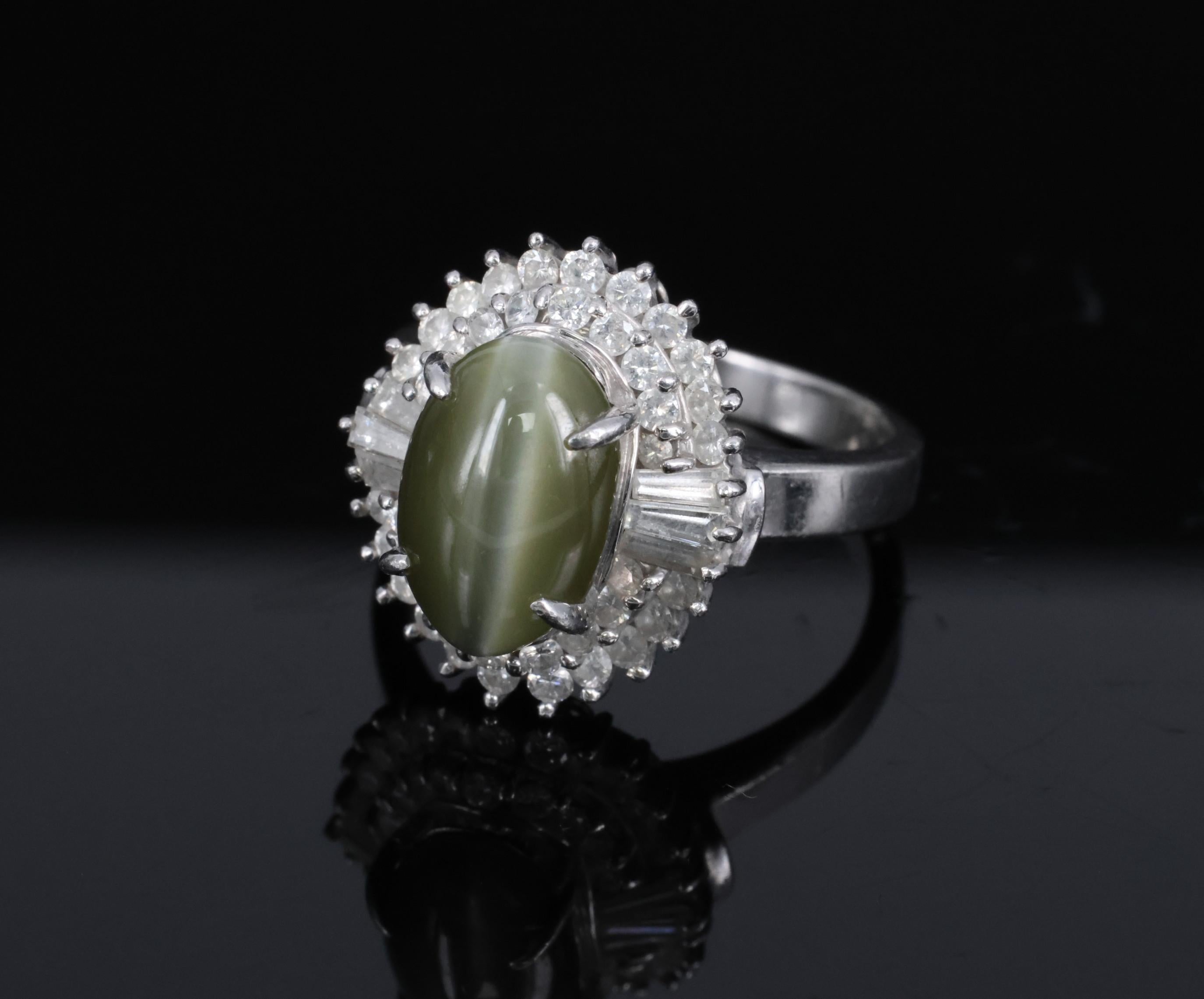 Vintage 5.33ct GIA Chrysoberyl Cat's Eye & 0.90ct Diamond Platinum Ring Size 7.5