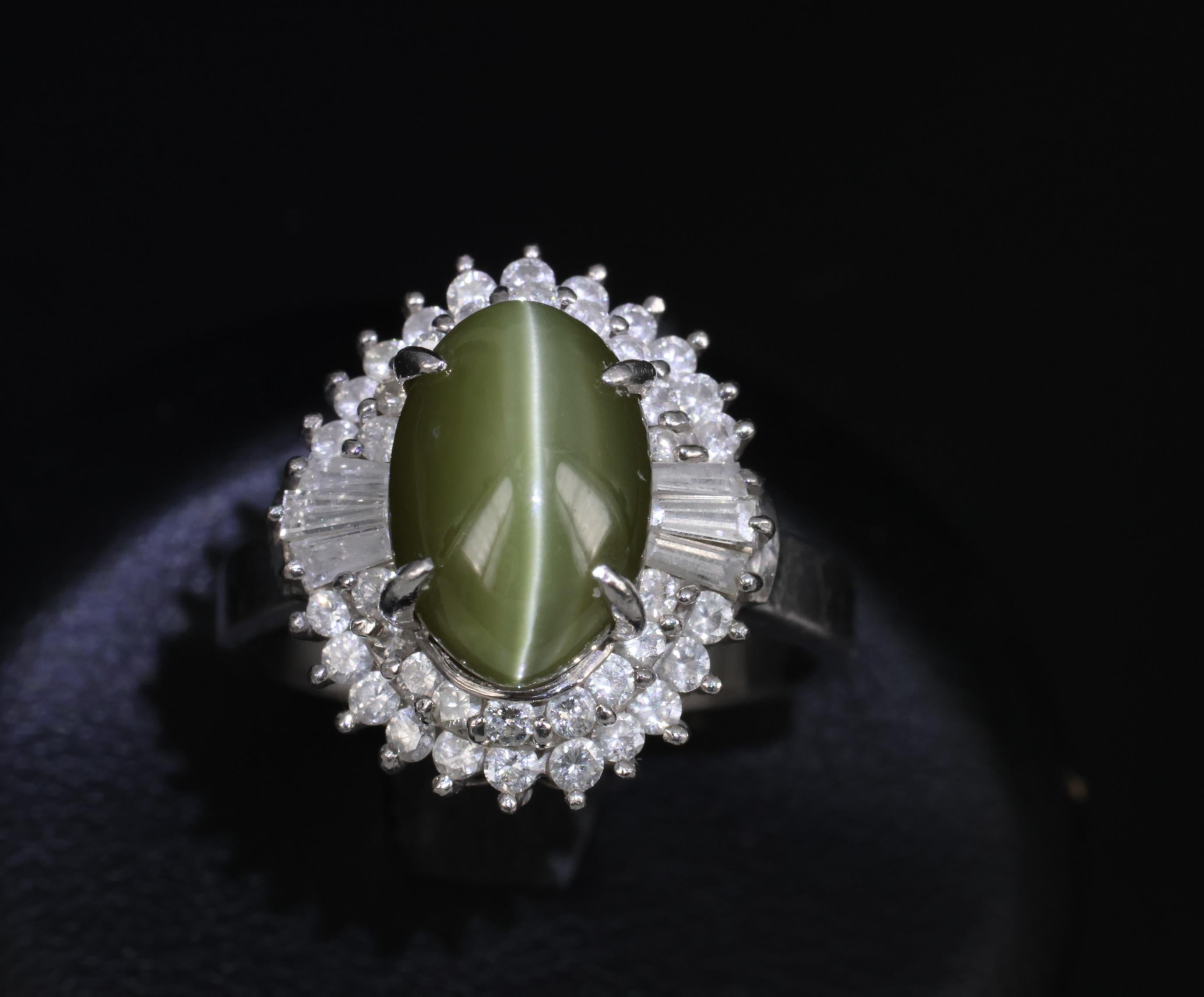 Vintage 5.33ct GIA Chrysoberyl Cat's Eye & 0.90ct Diamond Platinum Ring Size 7.5