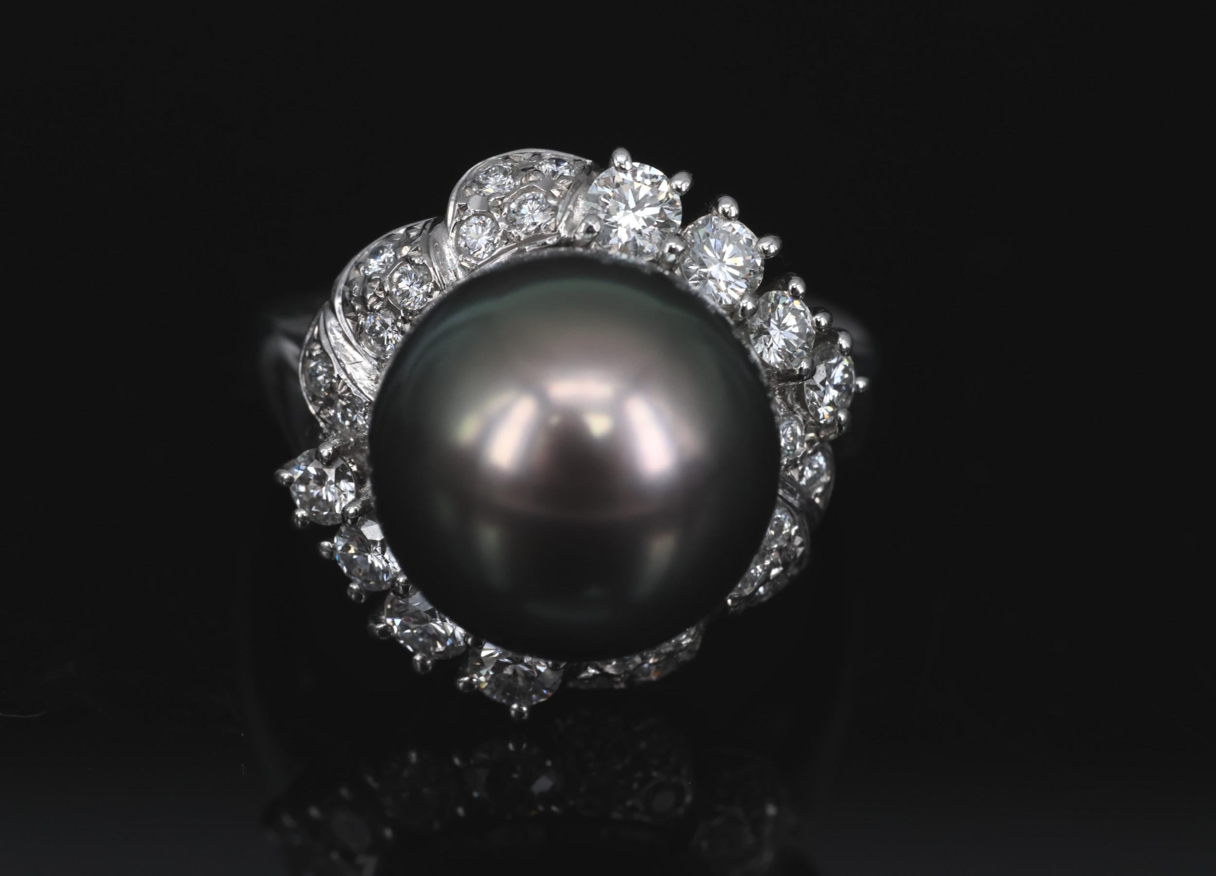 12.1mm Mikimoto Aurora Lagoon Peacock Pearl 0.67ct Diamond Platinum Ring Sz-5.5