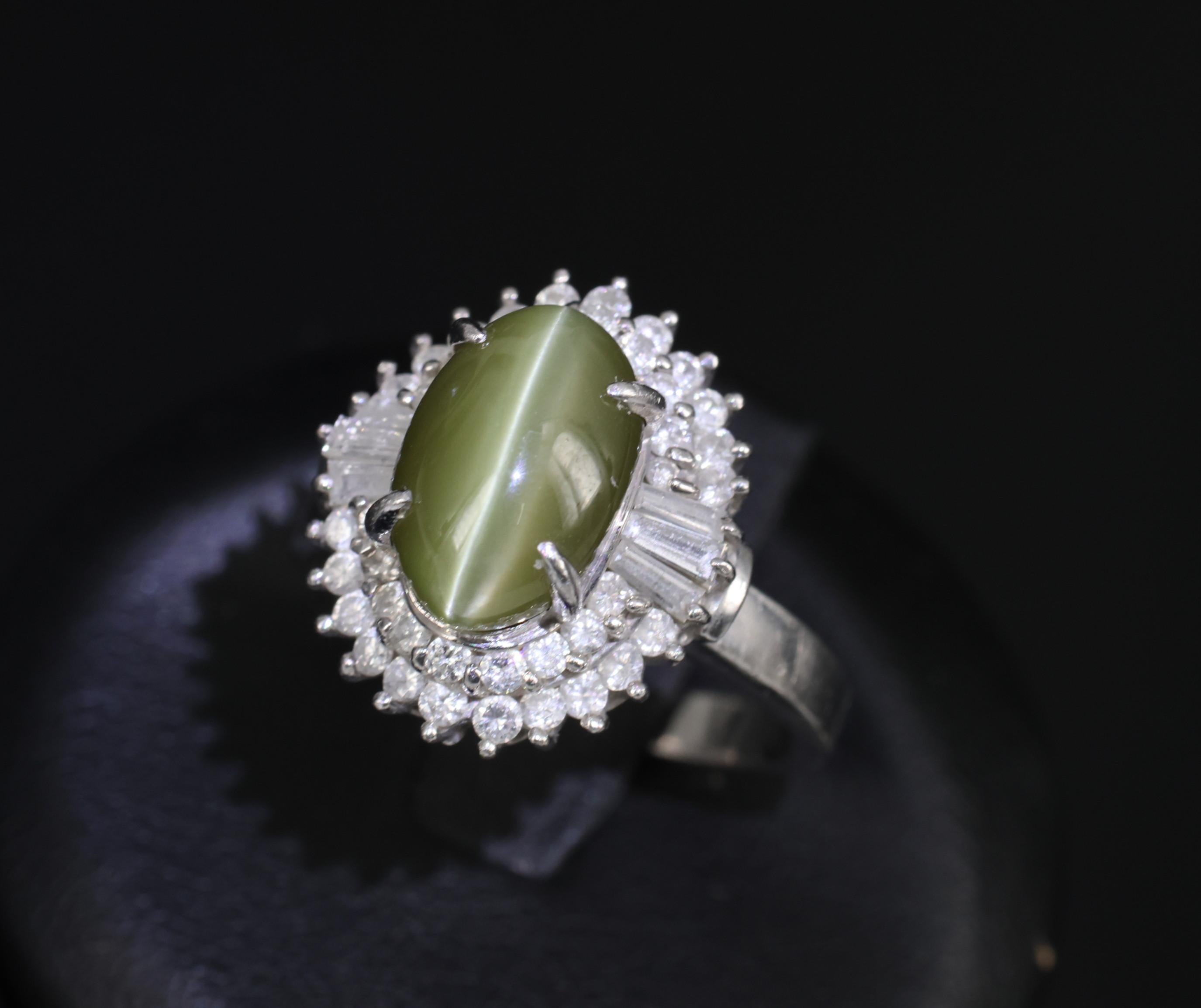 Vintage 5.33ct GIA Chrysoberyl Cat's Eye & 0.90ct Diamond Platinum Ring Size 7.5