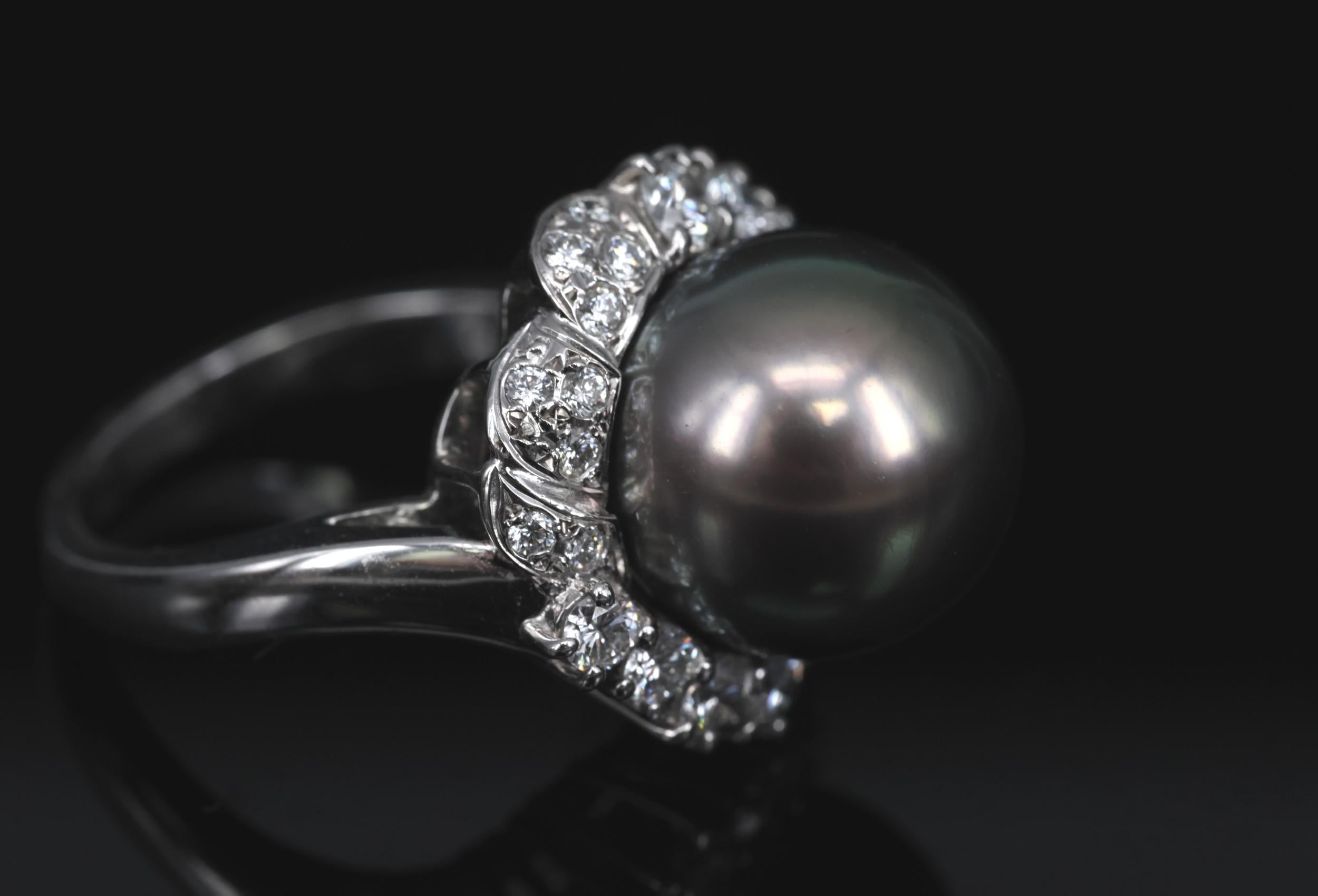 12.1mm Mikimoto Aurora Lagoon Peacock Pearl 0.67ct Diamond Platinum Ring Sz-5.5