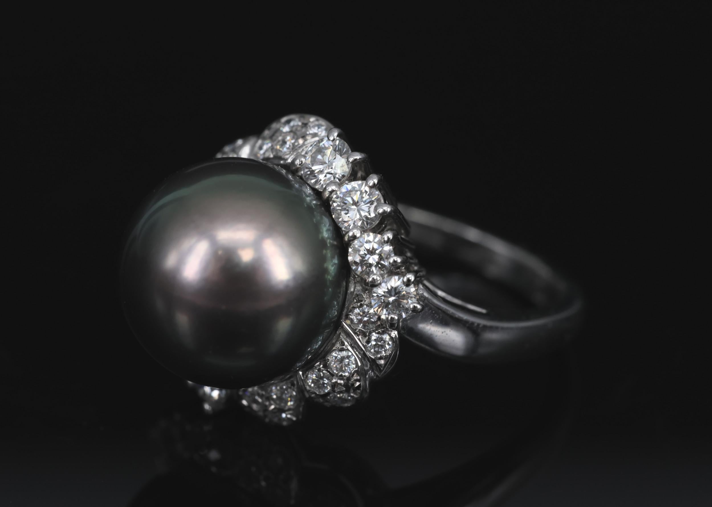 12.1mm Mikimoto Aurora Lagoon Peacock Pearl 0.67ct Diamond Platinum Ring Sz-5.5