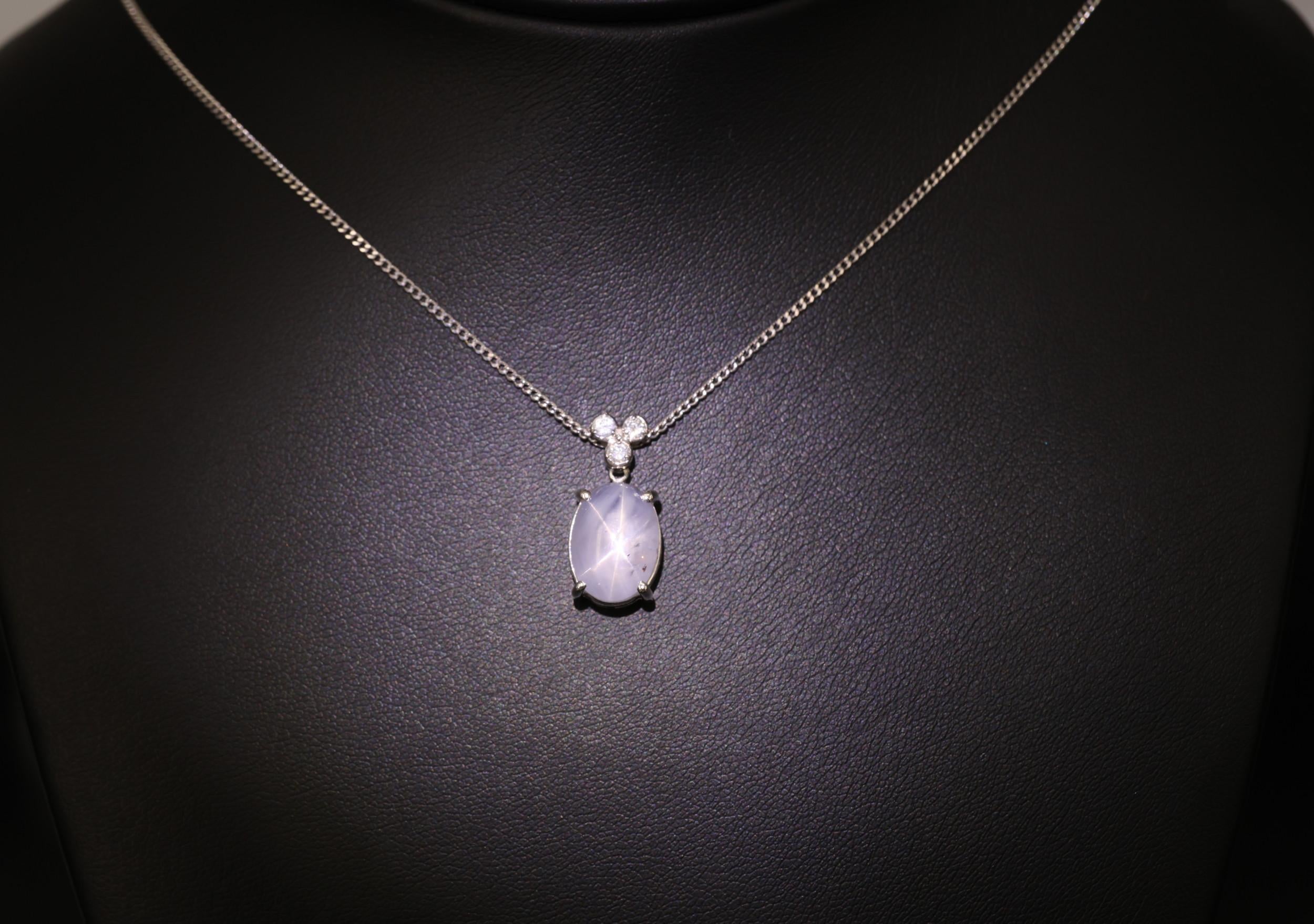 Vintage 11.33ct Natural Star Sapphire 0.19ct Diamond Platinum 15.5 Inch Necklace