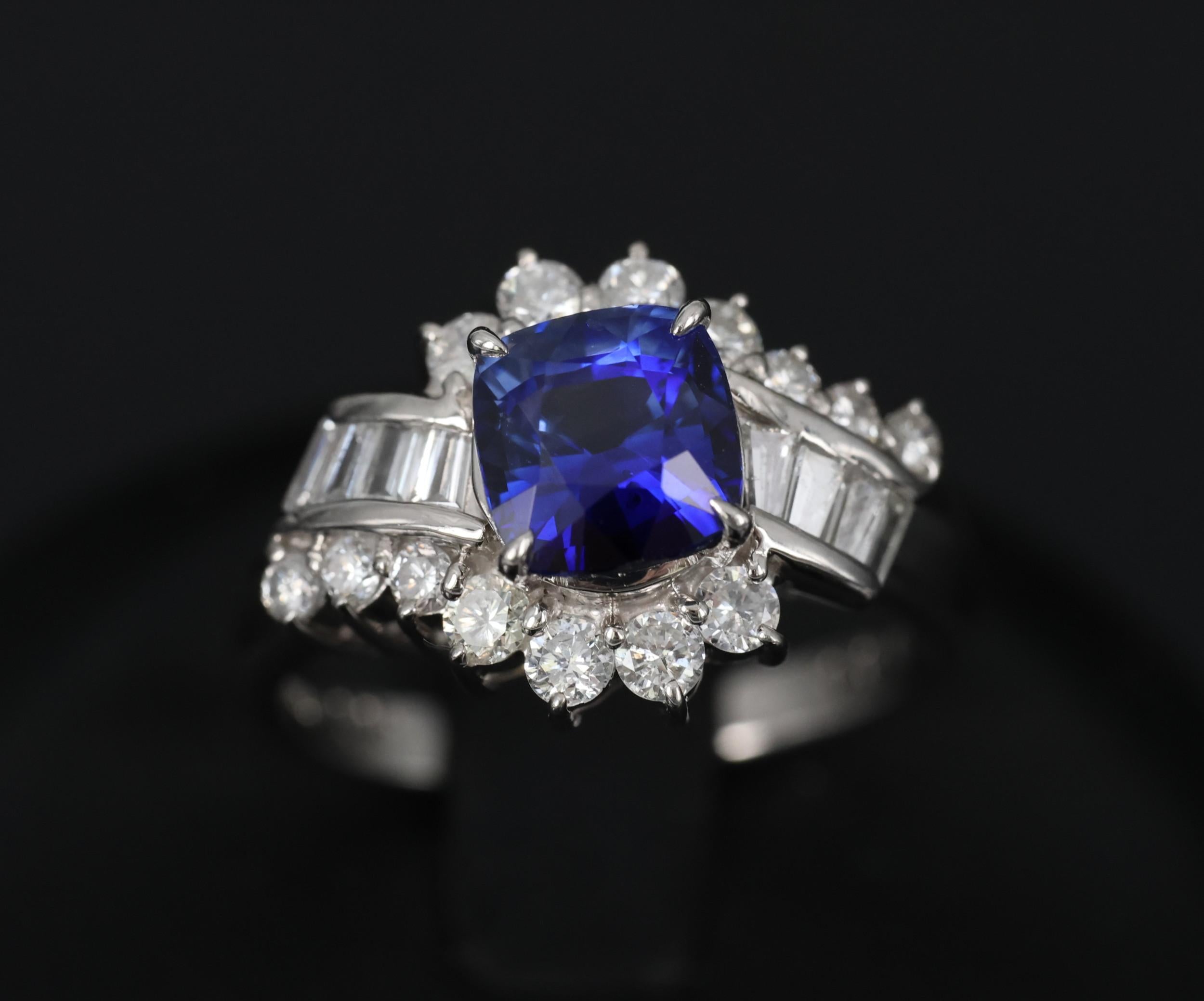 Fine 2.25ct GIA Blue Cushion Sapphire 0.80ct Diamond Platinum Ring, Size 7
