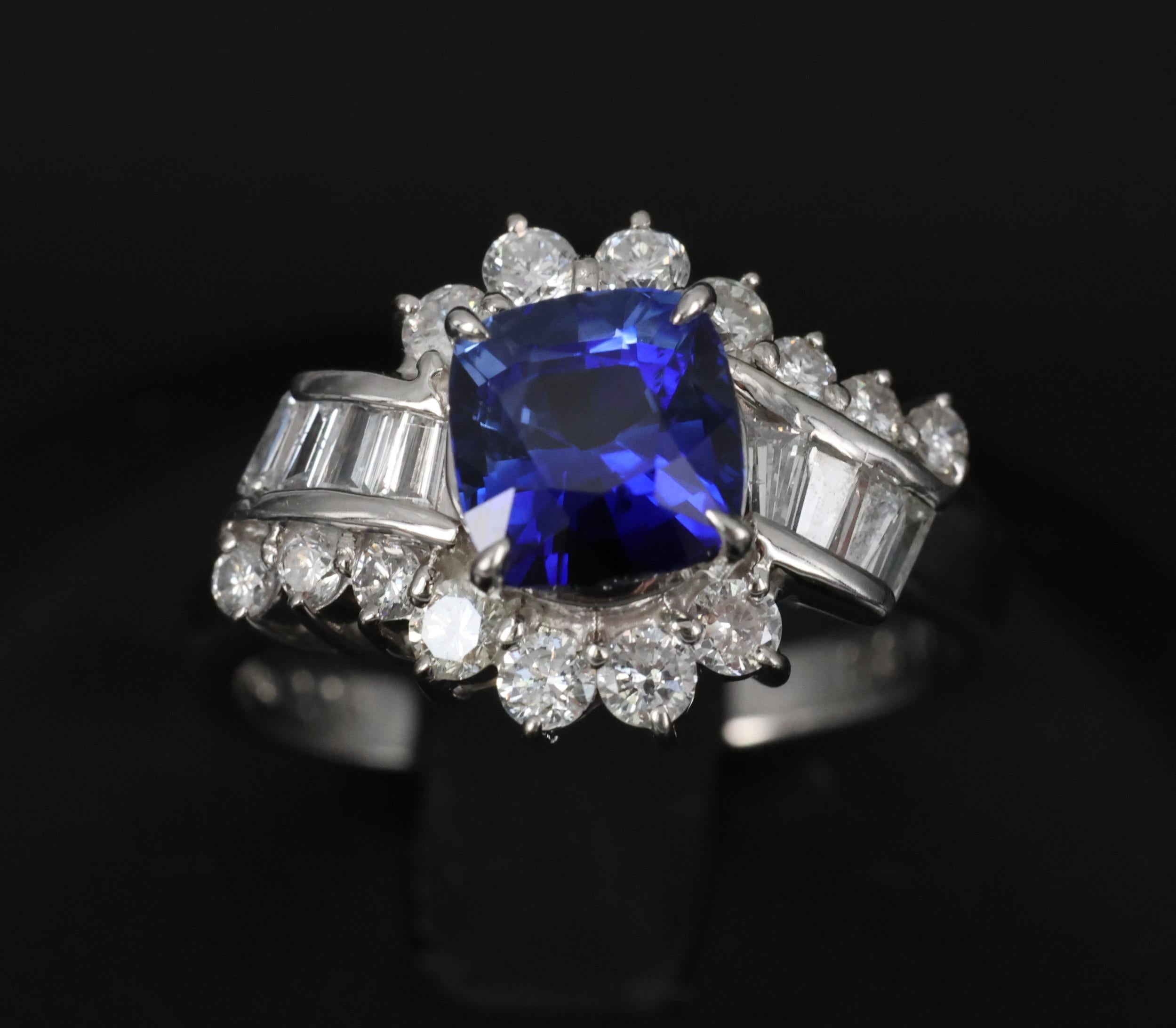 Fine 2.25ct GIA Blue Cushion Sapphire 0.80ct Diamond Platinum Ring, Size 7