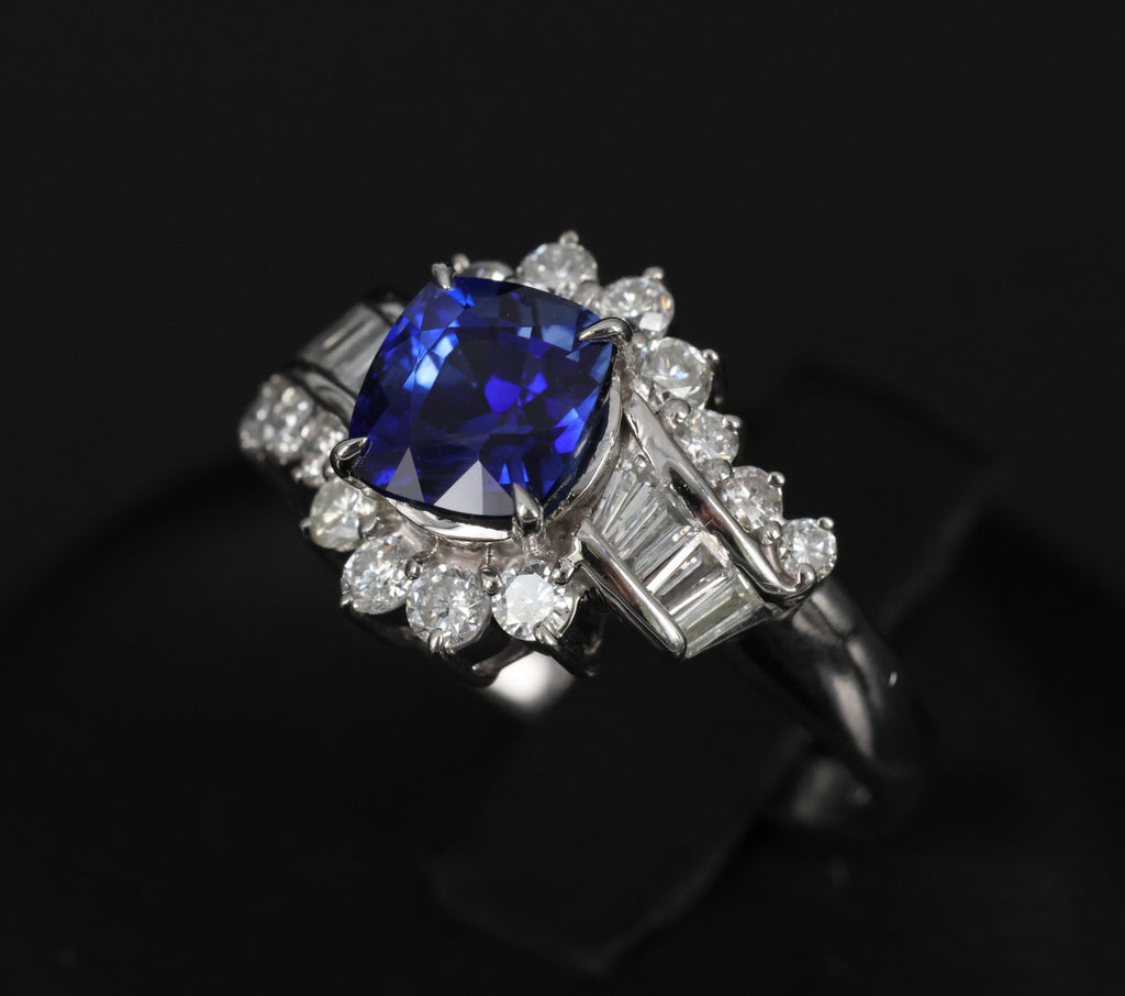 Fine 2.25ct GIA Blue Cushion Sapphire 0.80ct Diamond Platinum Ring, Size 7