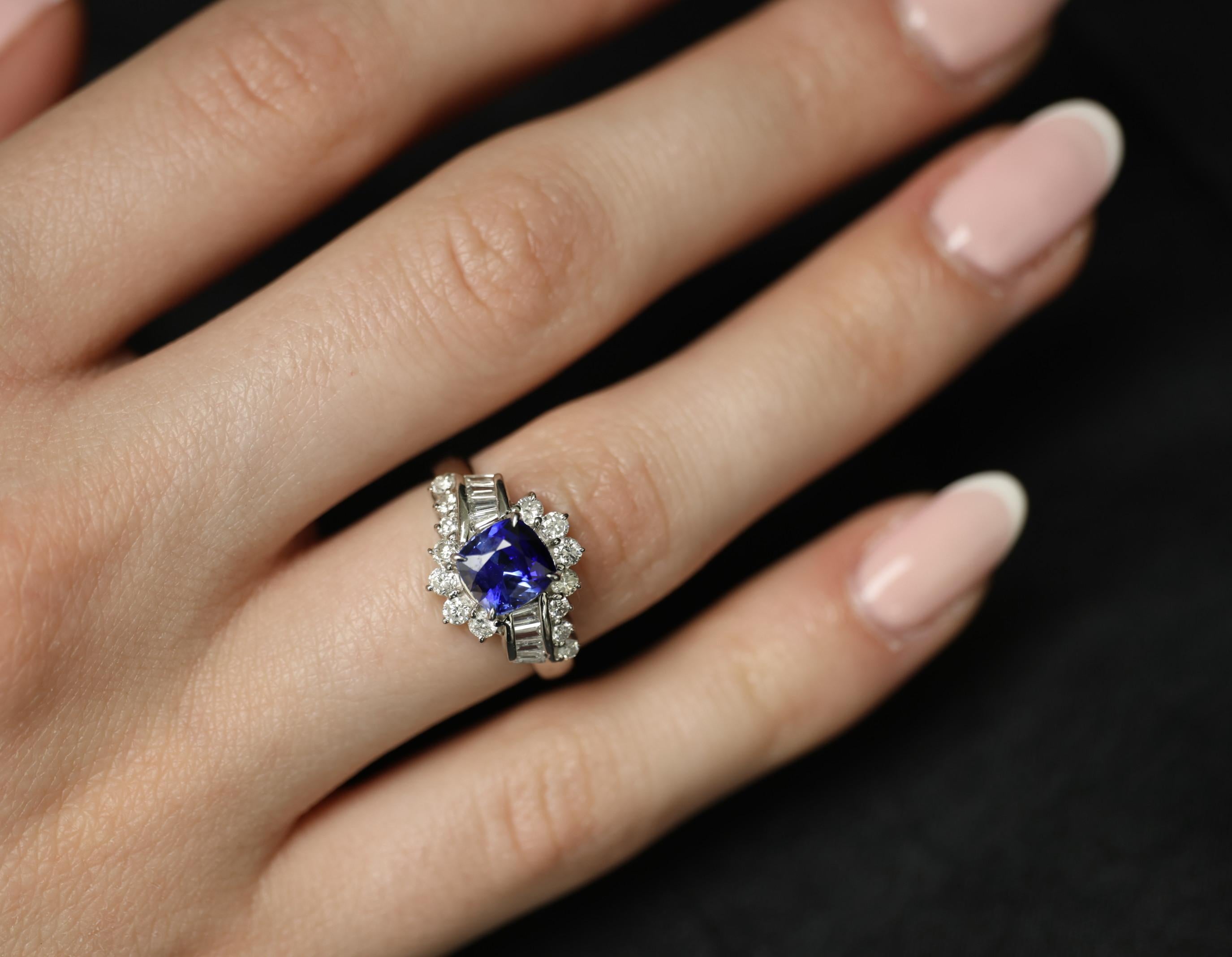 Fine 2.25ct GIA Blue Cushion Sapphire 0.80ct Diamond Platinum Ring, Size 7