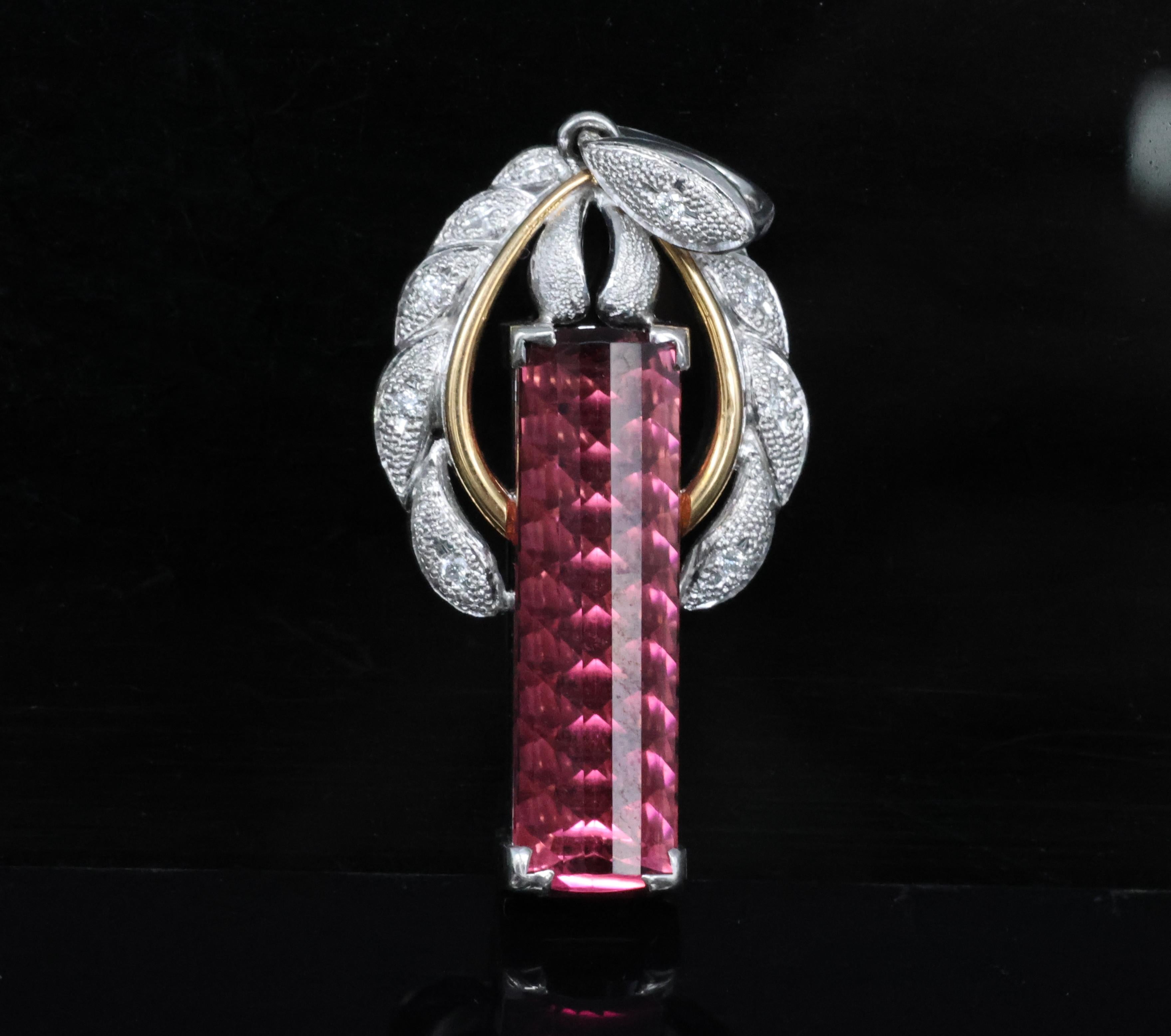 7.70ct Rubellite Tourmaline 0.06ct Diamond Platinum & 18K Yellow Gold Pendant