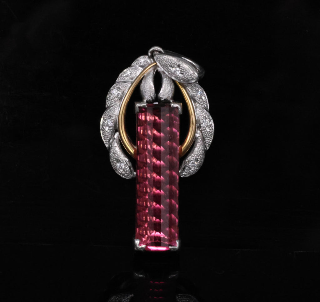 7.70ct Rubellite Tourmaline 0.06ct Diamond Platinum & 18K Yellow Gold Pendant
