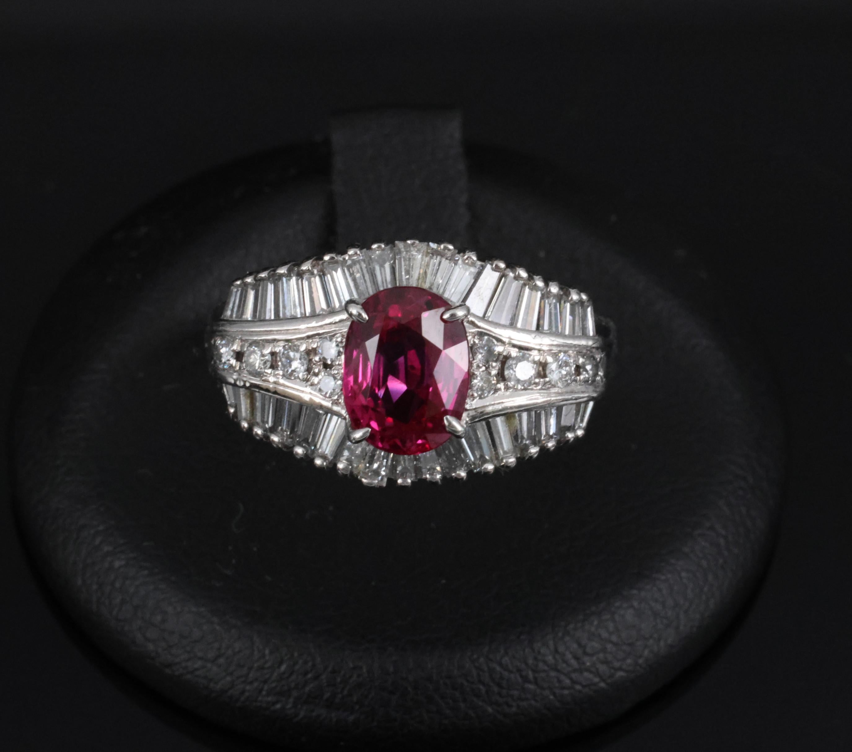 Fine 1.59ct GIA Intense Red Burma Ruby & 1.22ct Diamond Platinum Ring, Size 7.75