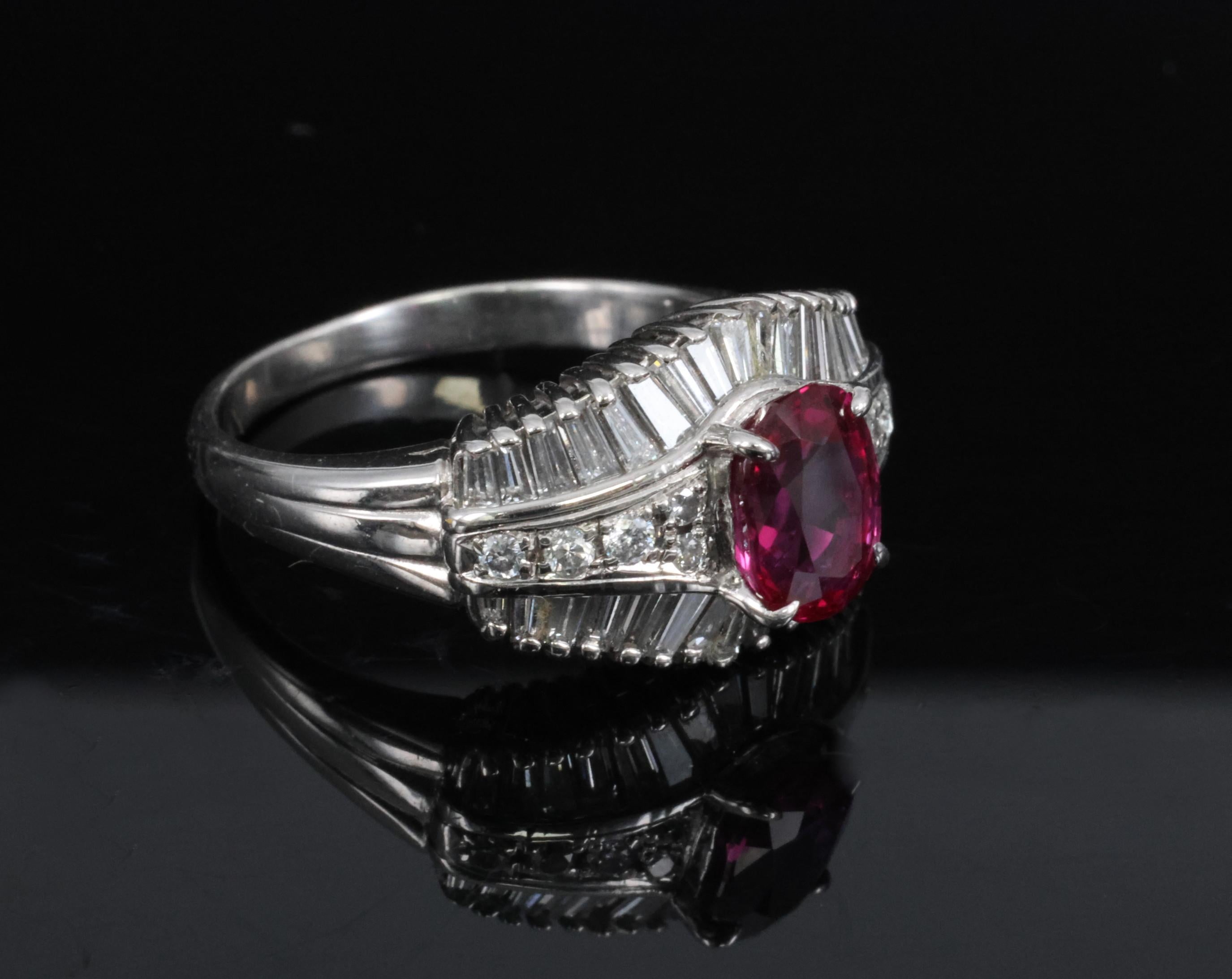 Fine 1.59ct GIA Intense Red Burma Ruby & 1.22ct Diamond Platinum Ring, Size 7.75