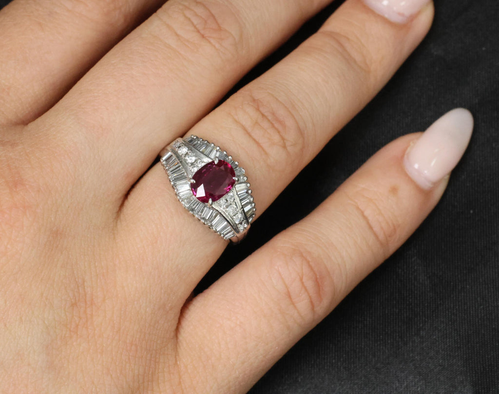 Fine 1.59ct GIA Intense Red Burma Ruby & 1.22ct Diamond Platinum Ring, Size 7.75