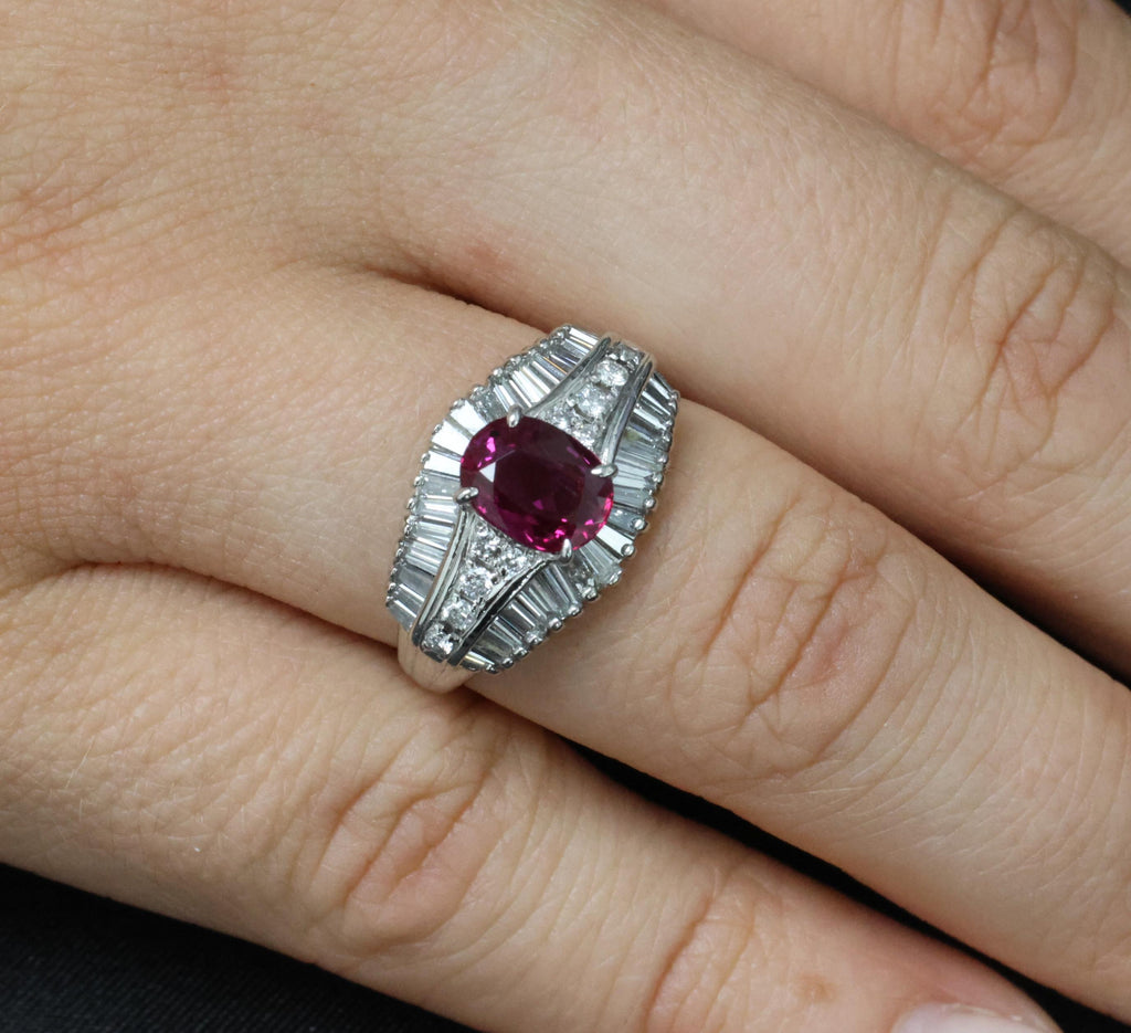 Fine 1.59ct GIA Intense Red Burma Ruby & 1.22ct Diamond Platinum Ring, Size 7.75