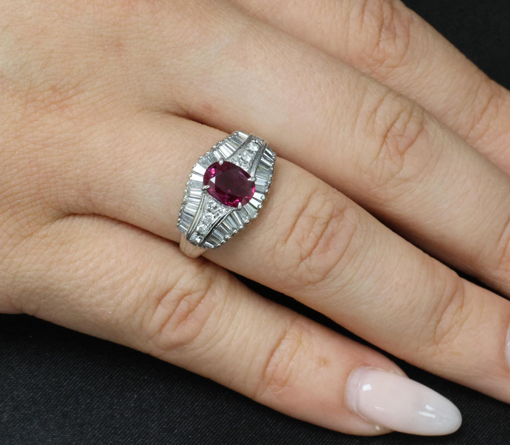 Fine 1.59ct GIA Intense Red Burma Ruby & 1.22ct Diamond Platinum Ring, Size 7.75