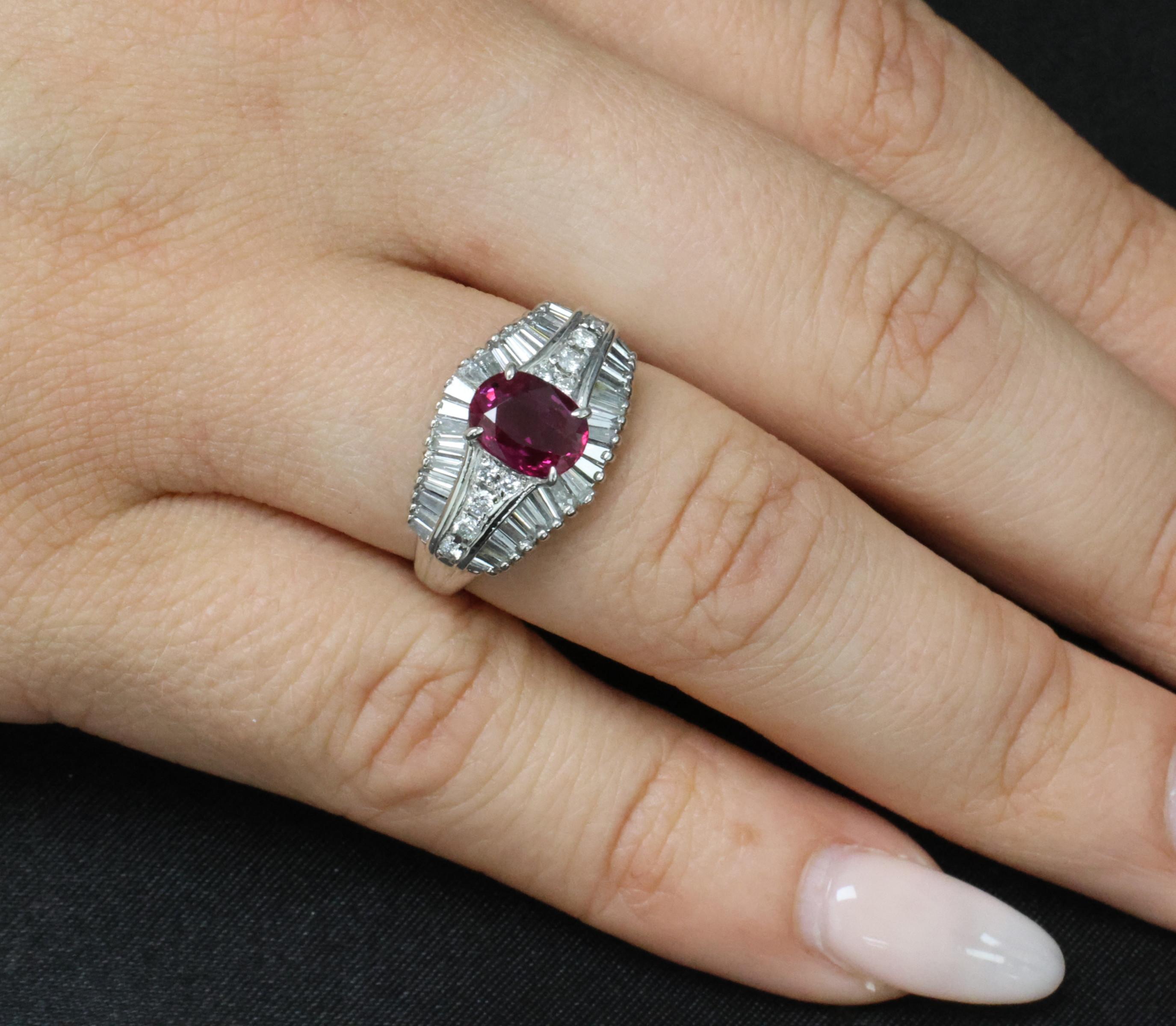 Fine 1.59ct GIA Intense Red Burma Ruby & 1.22ct Diamond Platinum Ring, Size 7.75