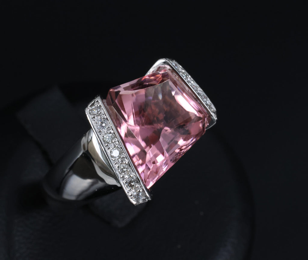 Asymmetric 6.72ct Natural Pink Tourmaline 0.22ct Diamond Platinum Ring Size 6.5