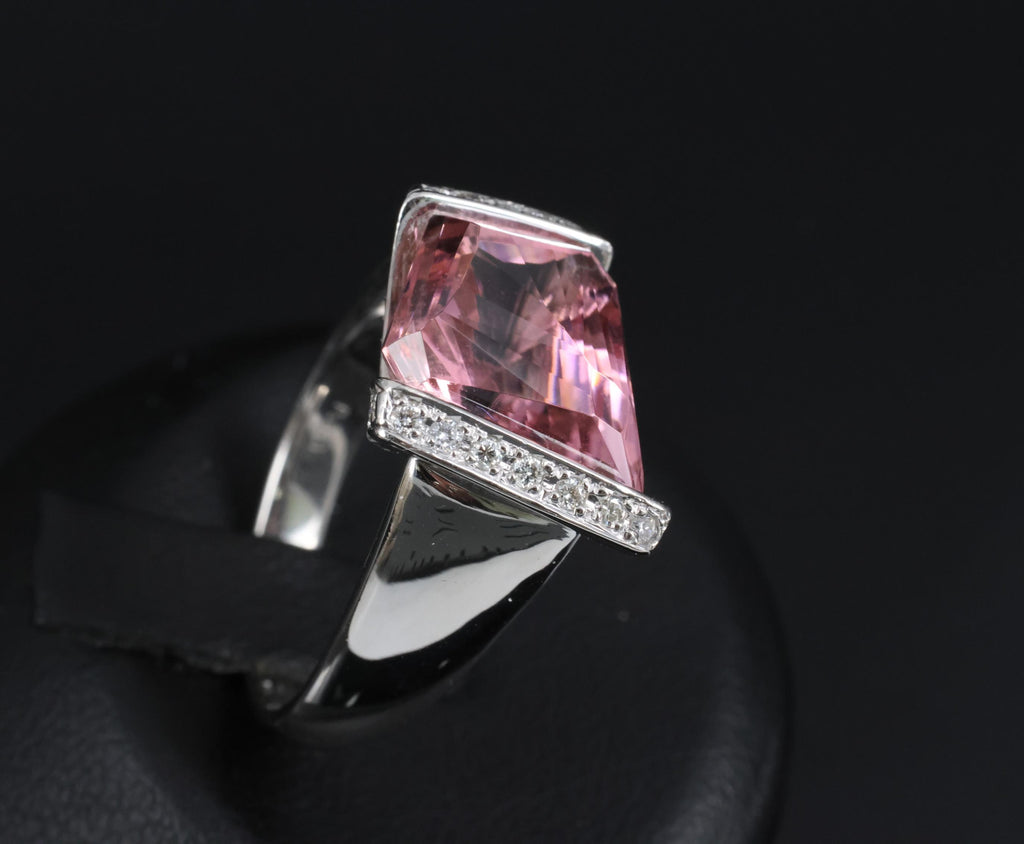 Asymmetric 6.72ct Natural Pink Tourmaline 0.22ct Diamond Platinum Ring Size 6.5