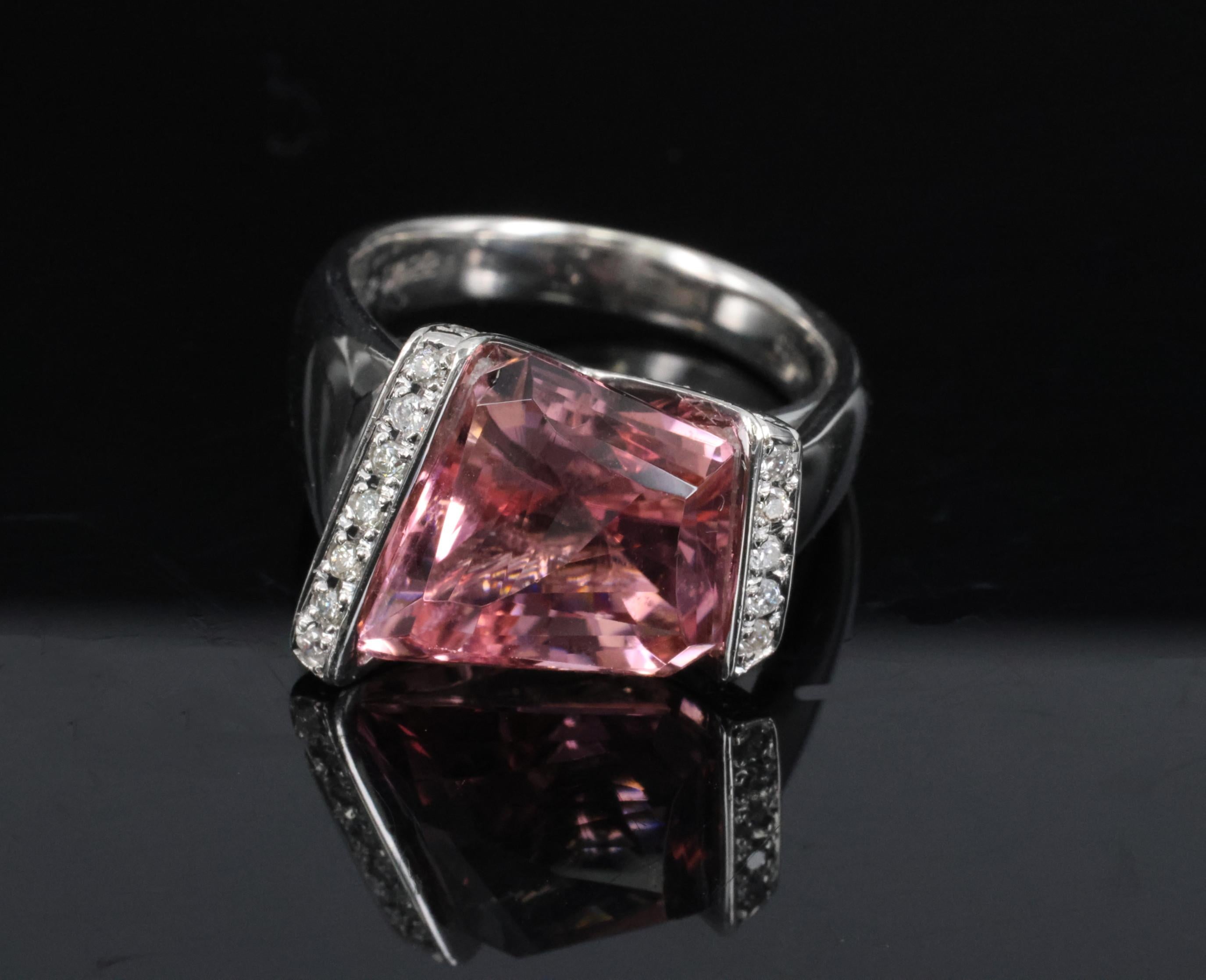 Asymmetric 6.72ct Natural Pink Tourmaline 0.22ct Diamond Platinum Ring Size 6.5