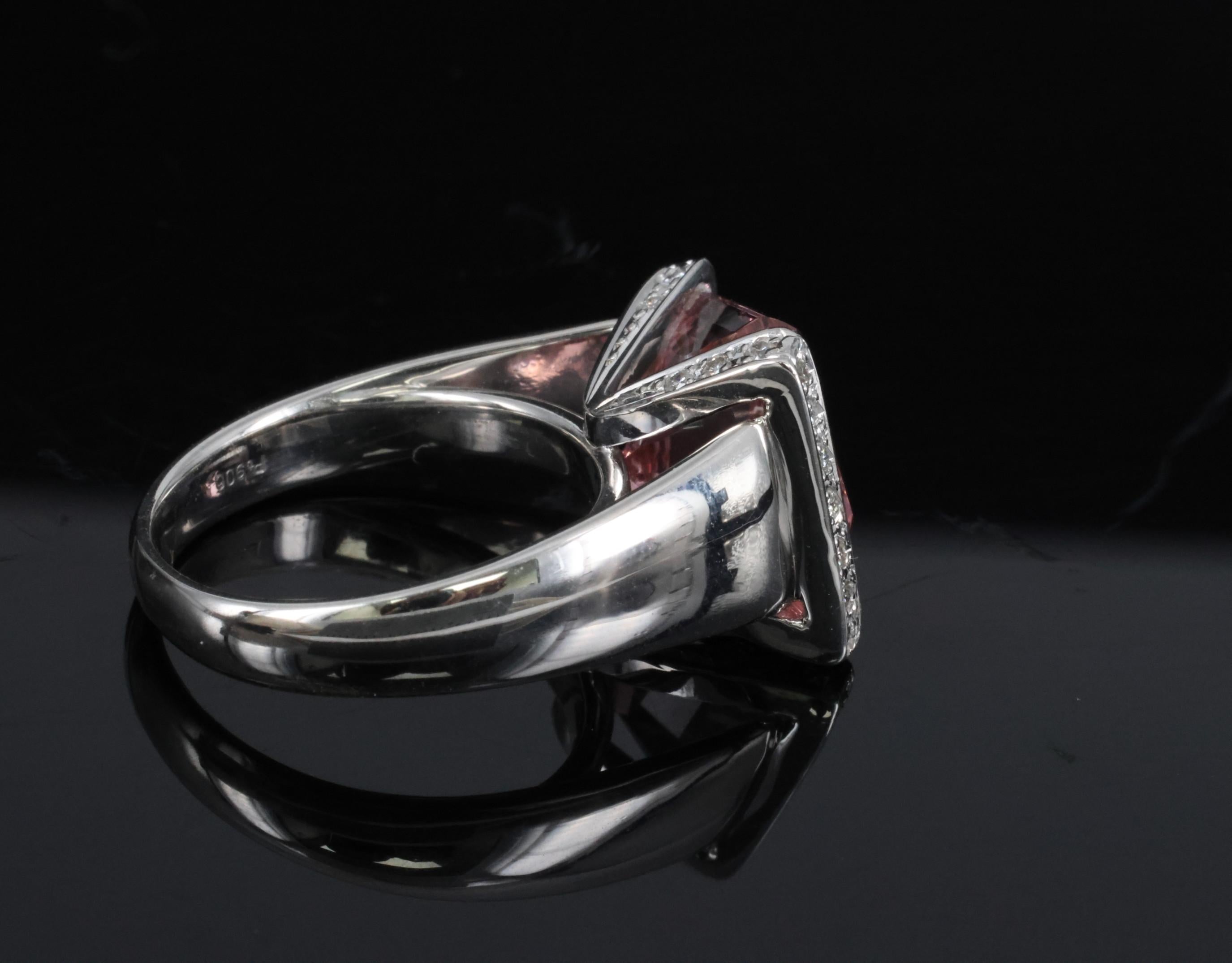 Asymmetric 6.72ct Natural Pink Tourmaline 0.22ct Diamond Platinum Ring Size 6.5