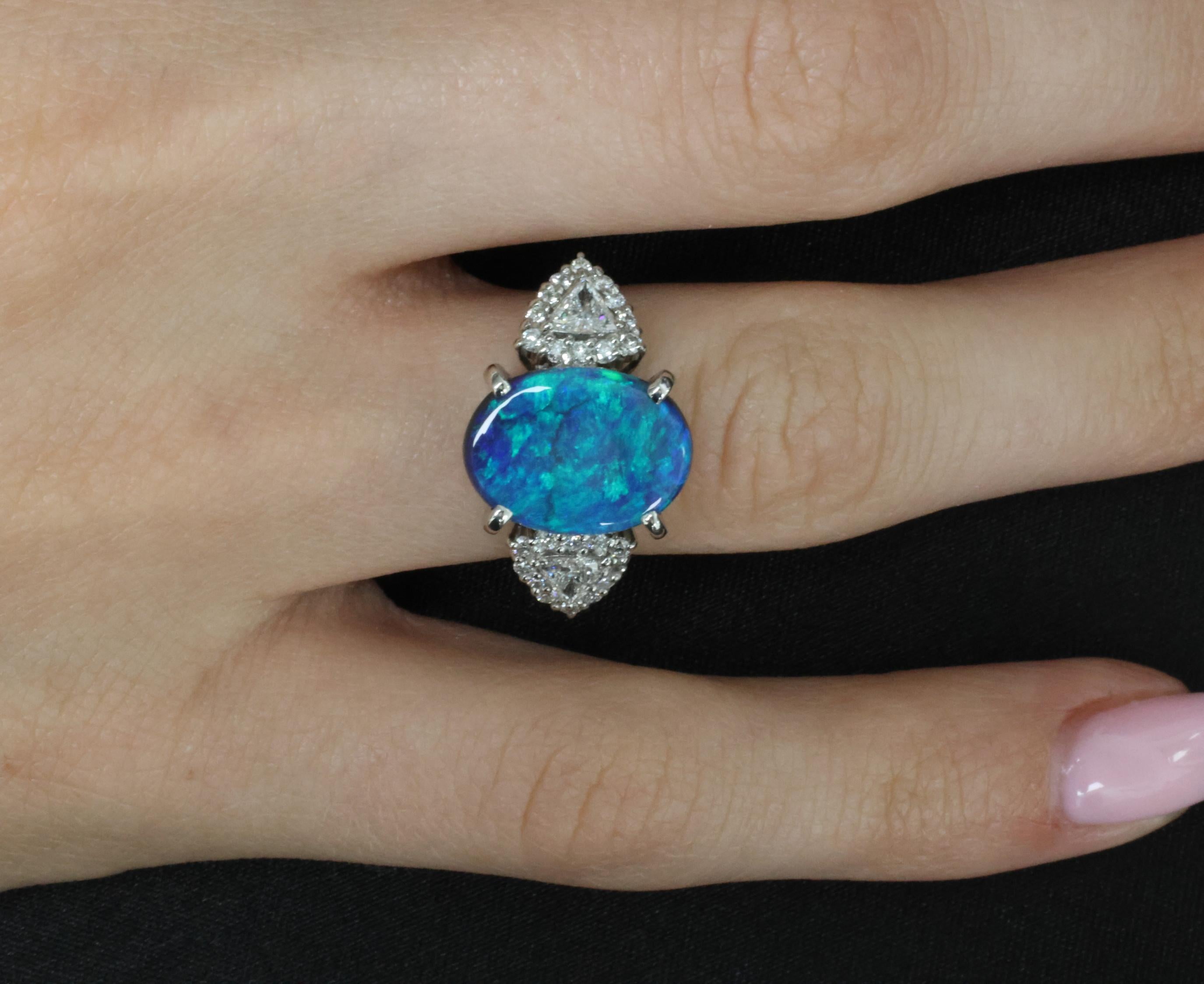 Fine 4.88ct Natural Untreated Black Opal & 0.53ct Diamond Platinum Ring, Size 6