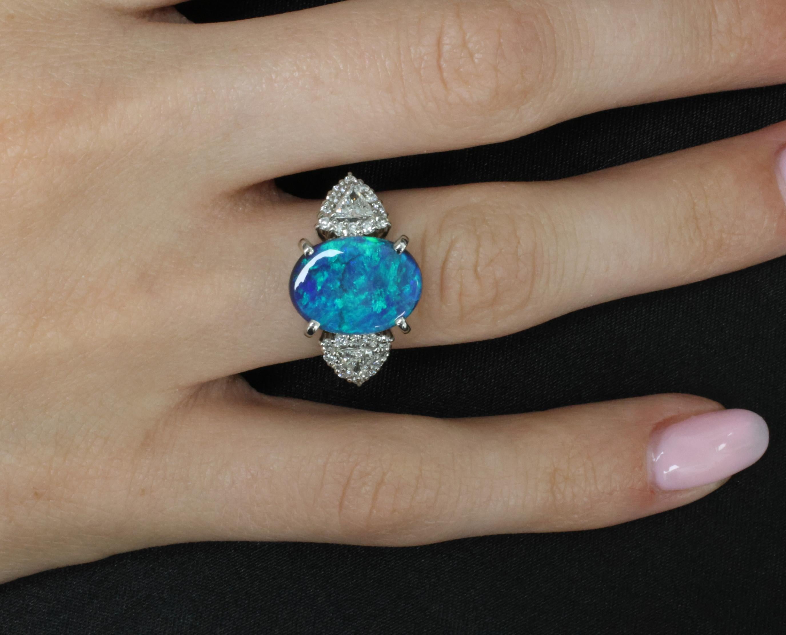 Fine 4.88ct Natural Untreated Black Opal & 0.53ct Diamond Platinum Ring, Size 6
