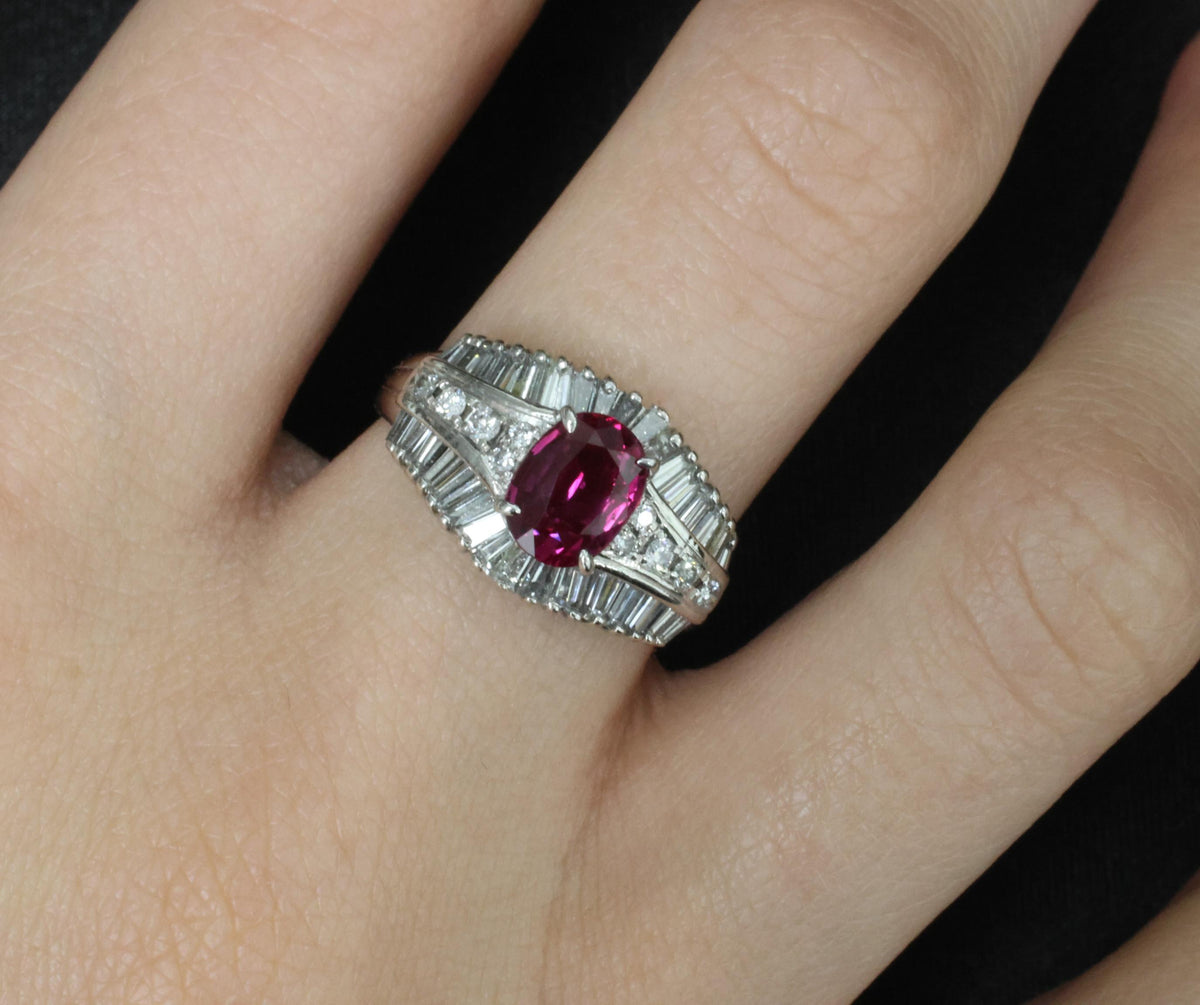 Fine 1.59ct GIA Intense Red Burma Ruby & 1.22ct Diamond Platinum Ring, Size 7.75