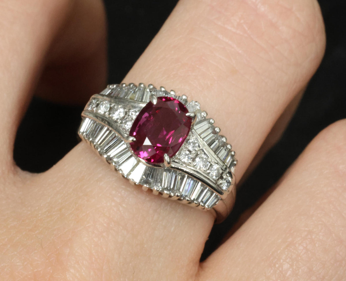 Fine 1.59ct GIA Intense Red Burma Ruby & 1.22ct Diamond Platinum Ring, Size 7.75