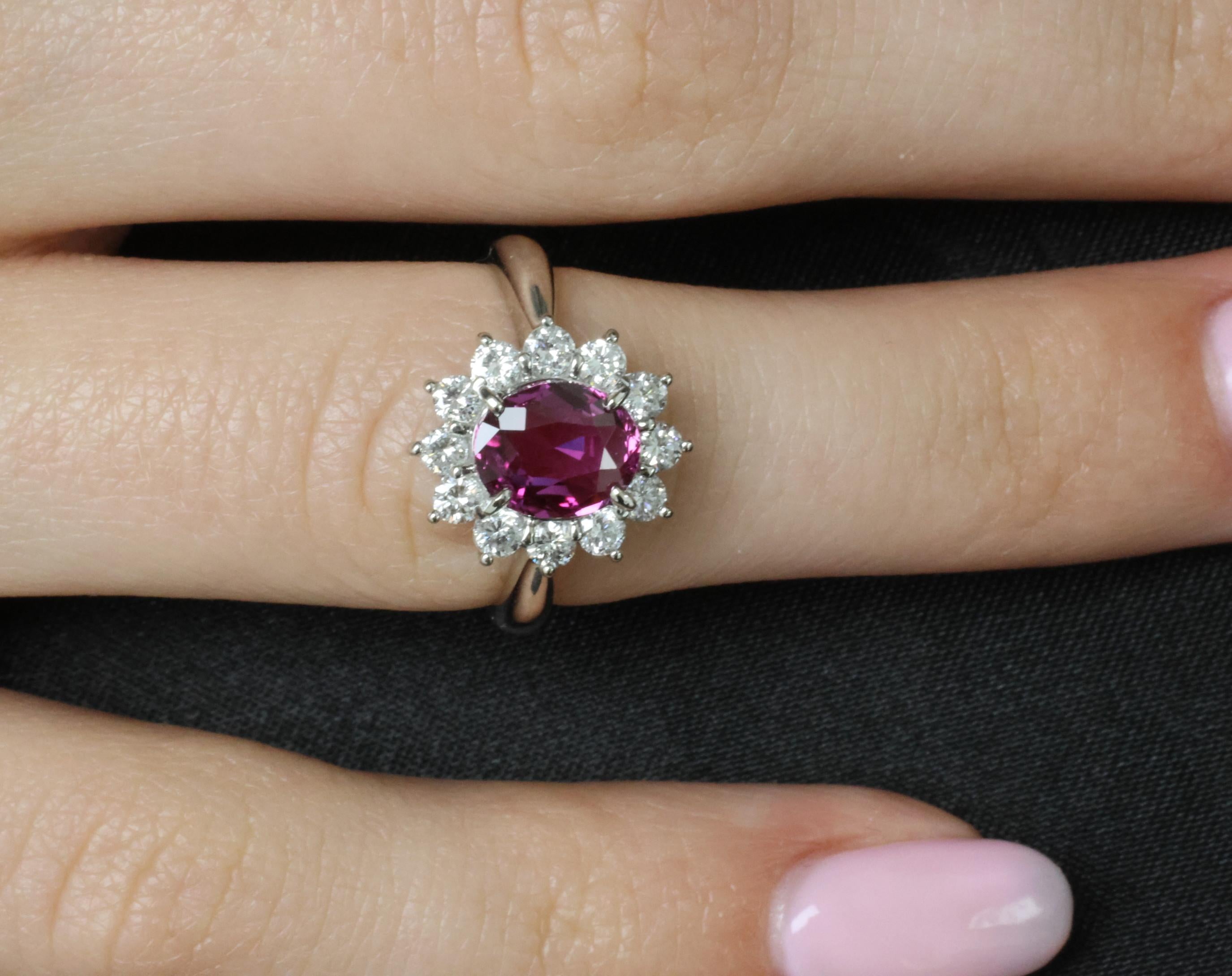 1.80ct GIA Madagascar Pink Sapphire 0.60ct Diamond Halo Platinum Ring Size 5.75