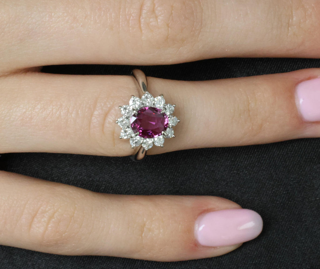 1.80ct GIA Madagascar Pink Sapphire 0.60ct Diamond Halo Platinum Ring Size 5.75