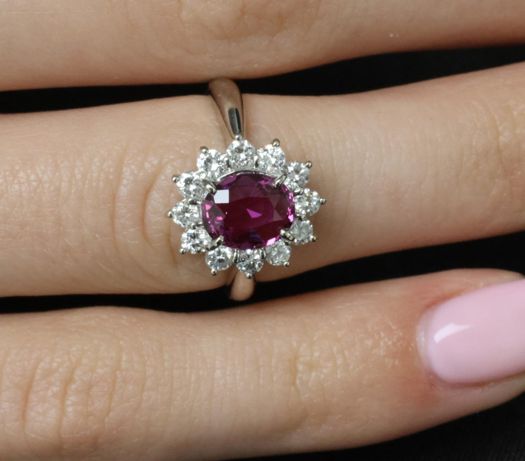 1.80ct GIA Madagascar Pink Sapphire 0.60ct Diamond Halo Platinum Ring Size 5.75