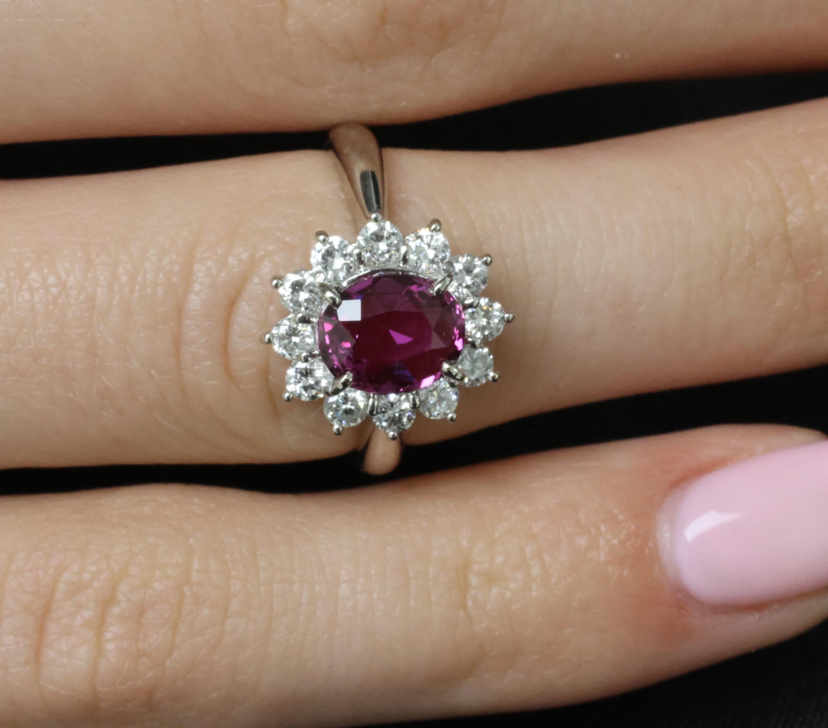 1.80ct GIA Madagascar Pink Sapphire 0.60ct Diamond Halo Platinum Ring Size 5.75