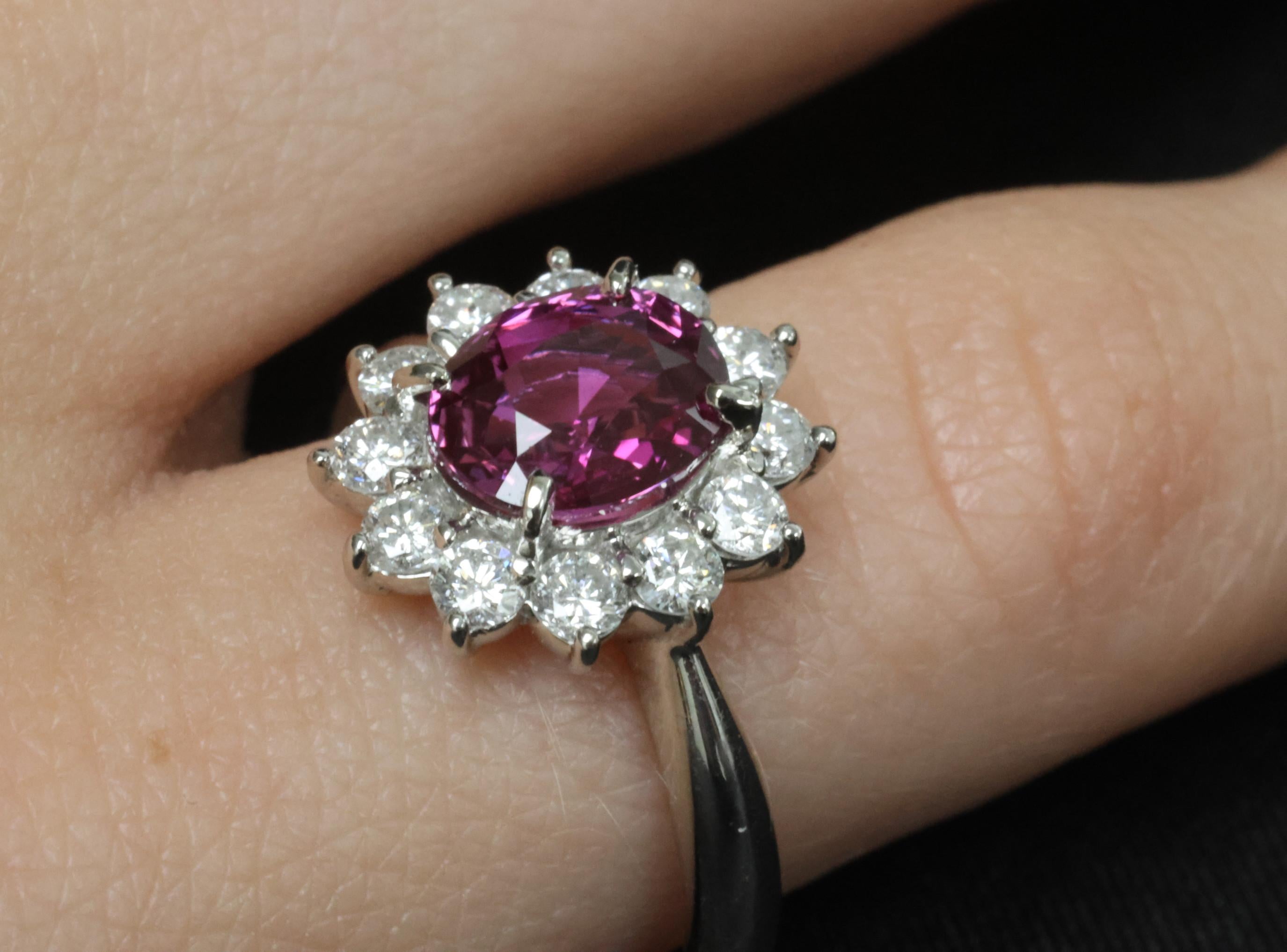 1.80ct GIA Madagascar Pink Sapphire 0.60ct Diamond Halo Platinum Ring Size 5.75