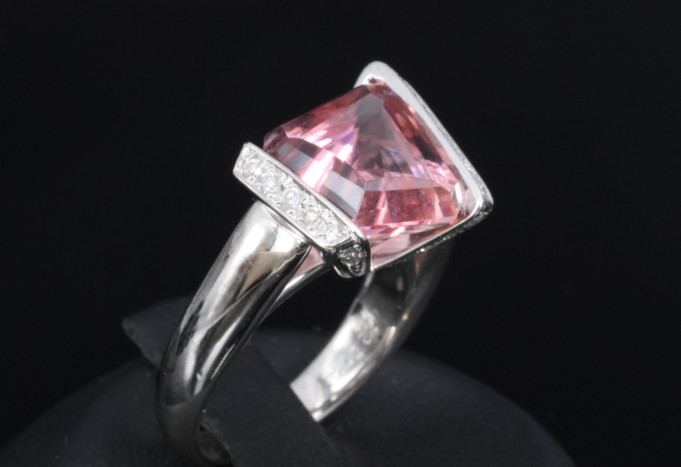 Asymmetric 6.72ct Natural Pink Tourmaline 0.22ct Diamond Platinum Ring Size 6.5