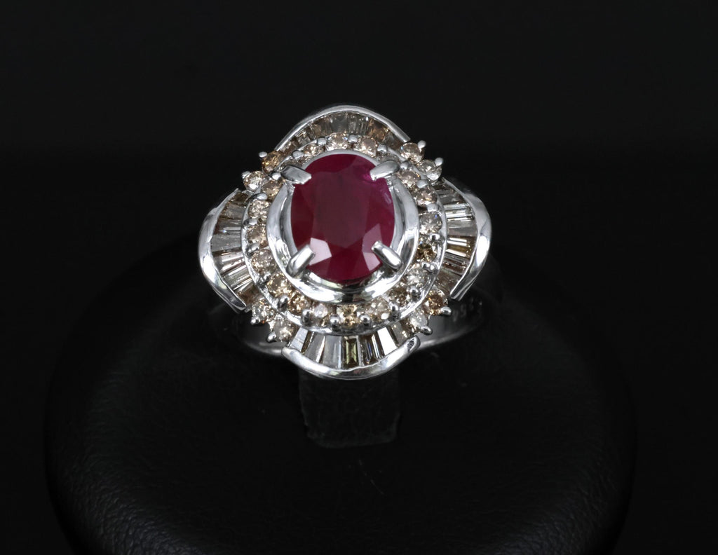 Vintage 2.54ct Intense Red Ruby & 1.55ct Diamond Platinum Ring Size 6.25
