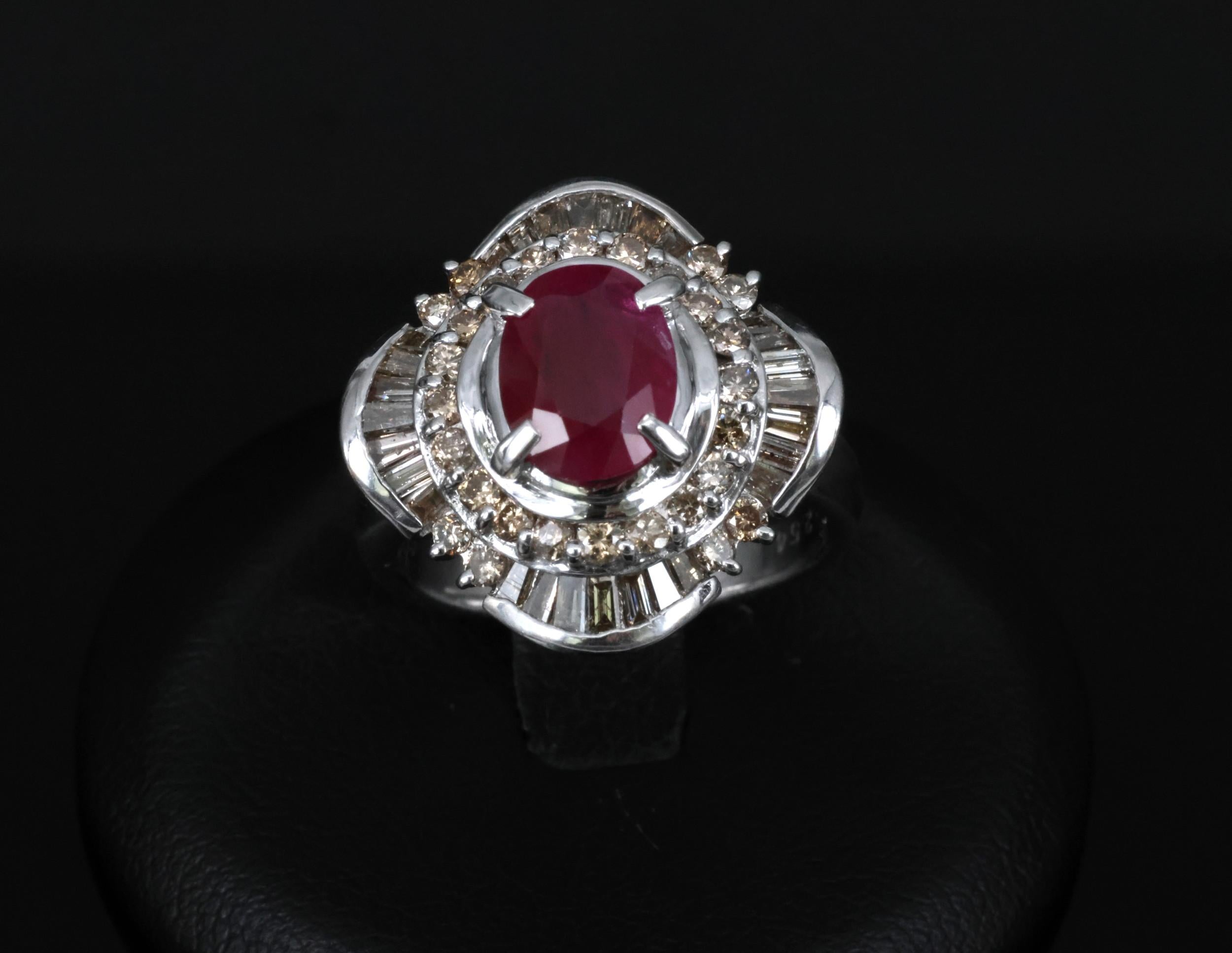 Vintage 2.54ct Intense Red Ruby & 1.55ct Diamond Platinum Ring Size 6.25