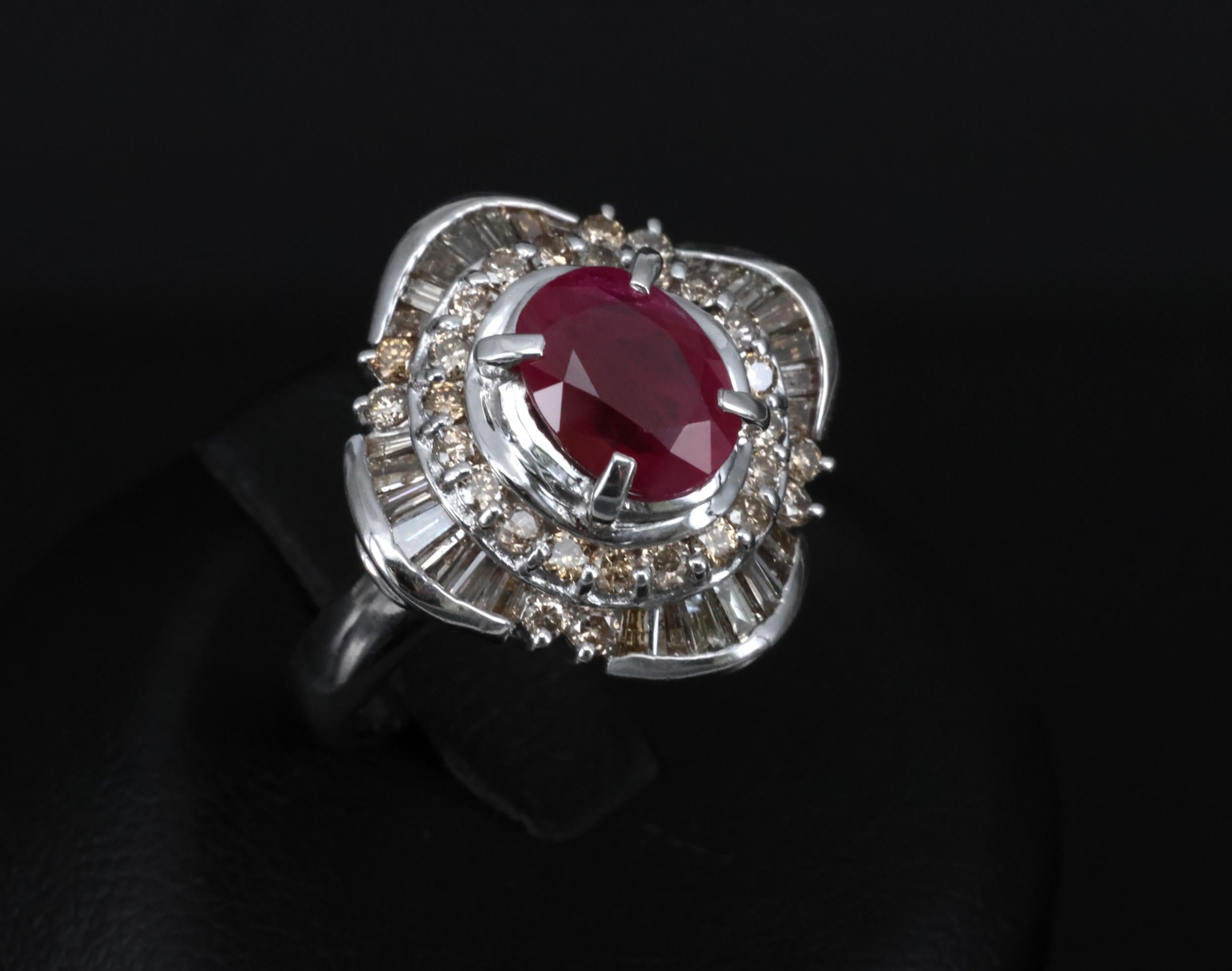 Vintage 2.54ct Intense Red Ruby & 1.55ct Diamond Platinum Ring Size 6.25