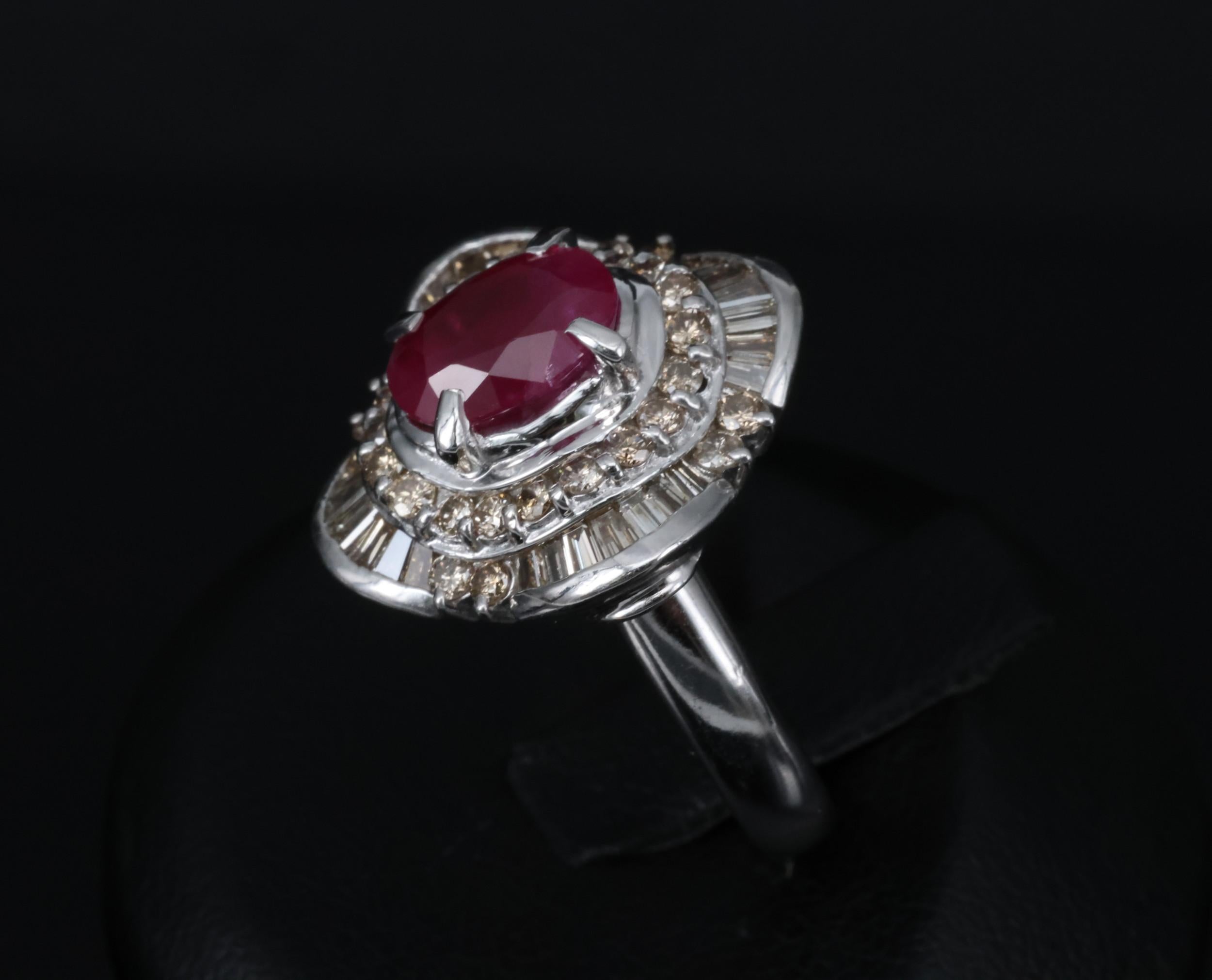 Vintage 2.54ct Intense Red Ruby & 1.55ct Diamond Platinum Ring Size 6.25