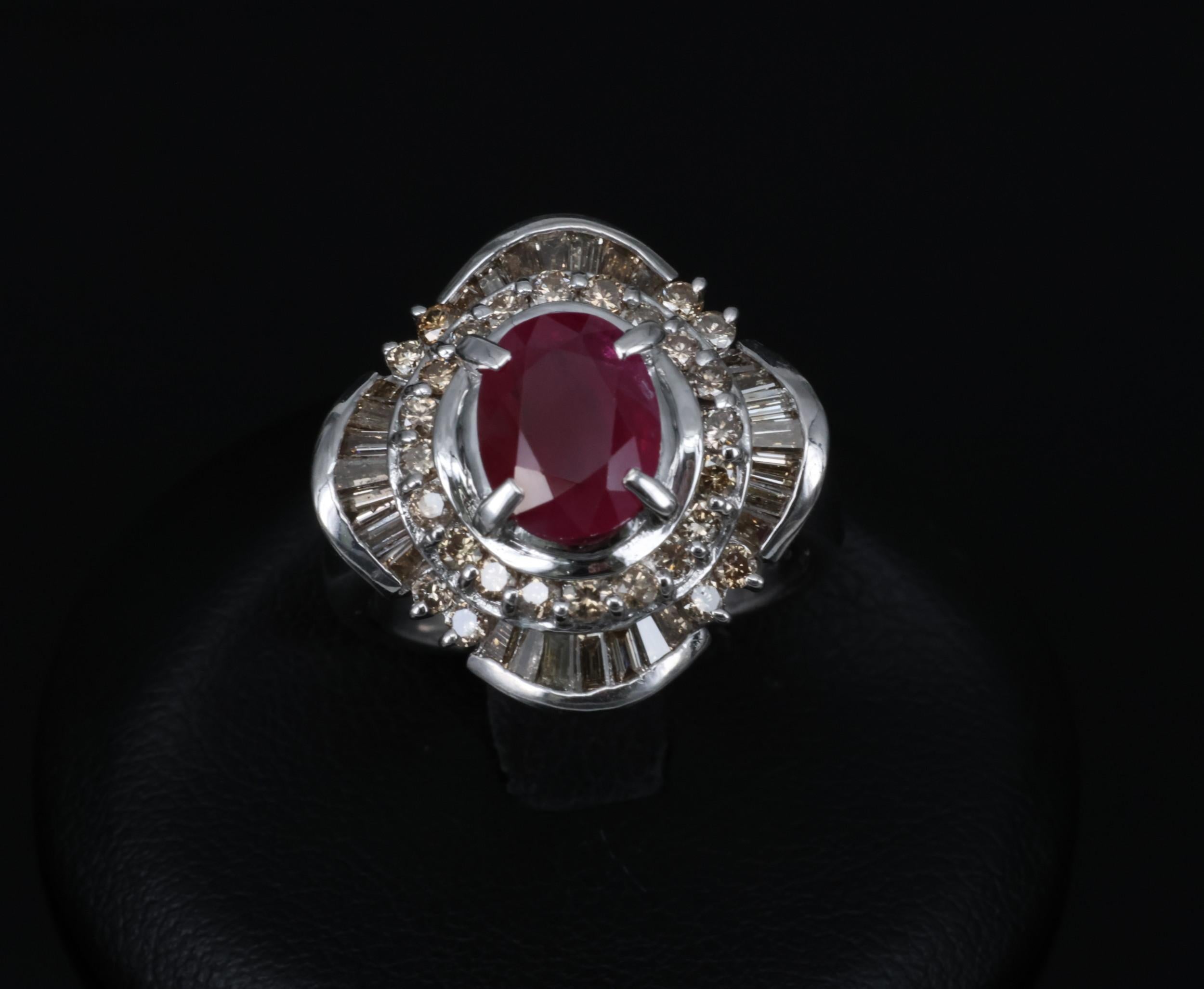 Vintage 2.54ct Intense Red Ruby & 1.55ct Diamond Platinum Ring Size 6.25