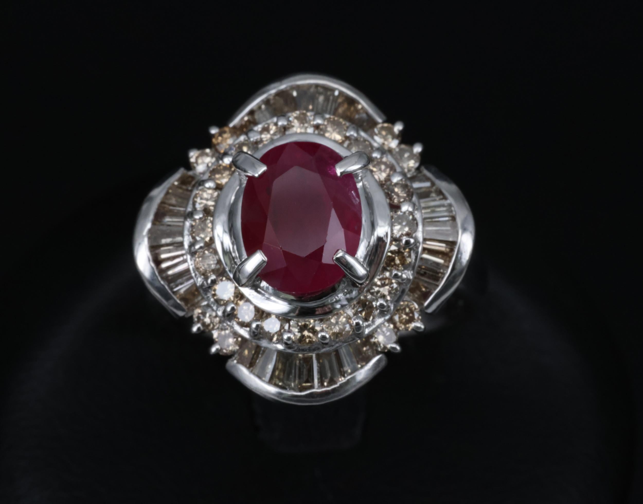 Vintage 2.54ct Intense Red Ruby & 1.55ct Diamond Platinum Ring Size 6.25