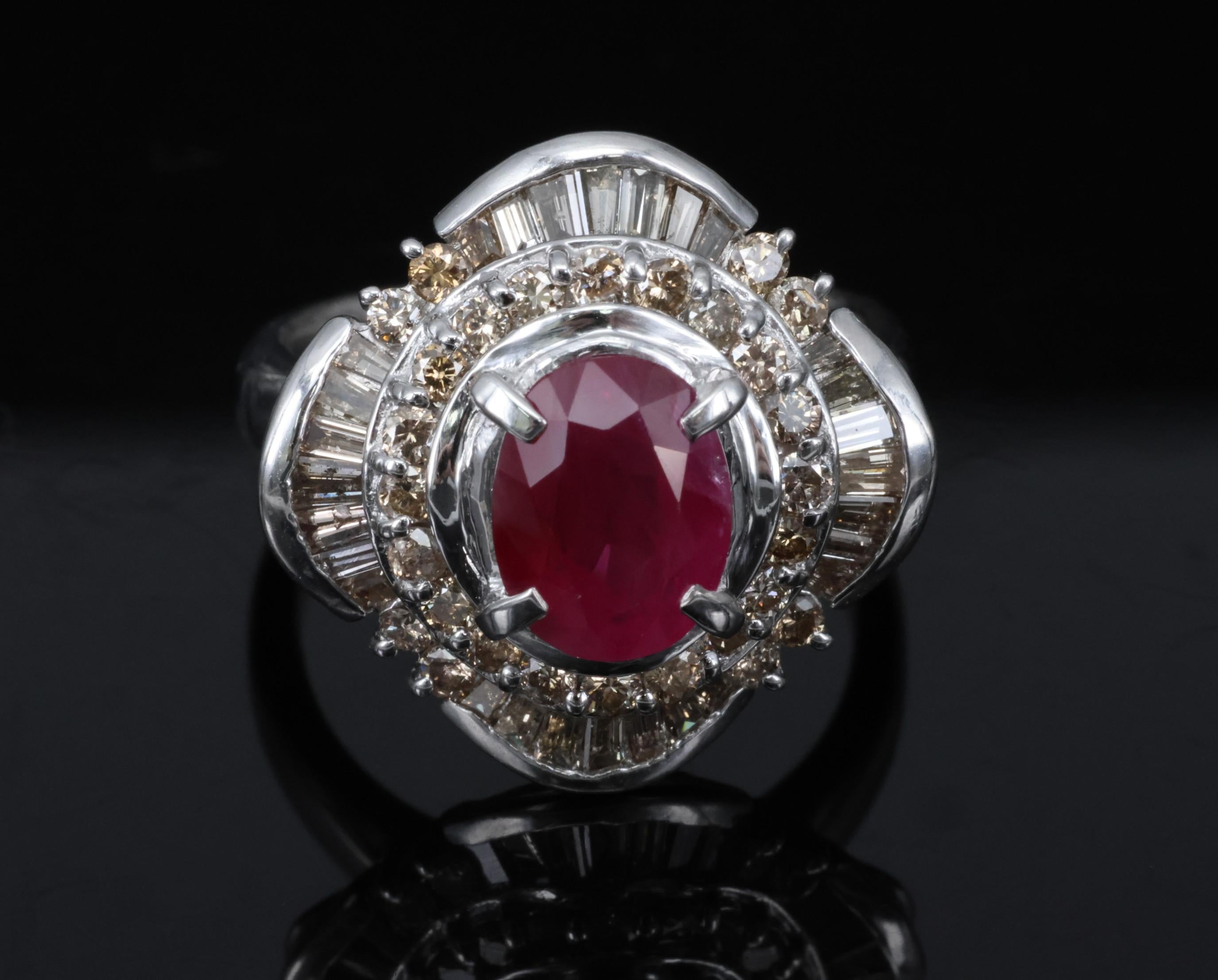 Vintage 2.54ct Intense Red Ruby & 1.55ct Diamond Platinum Ring Size 6.25