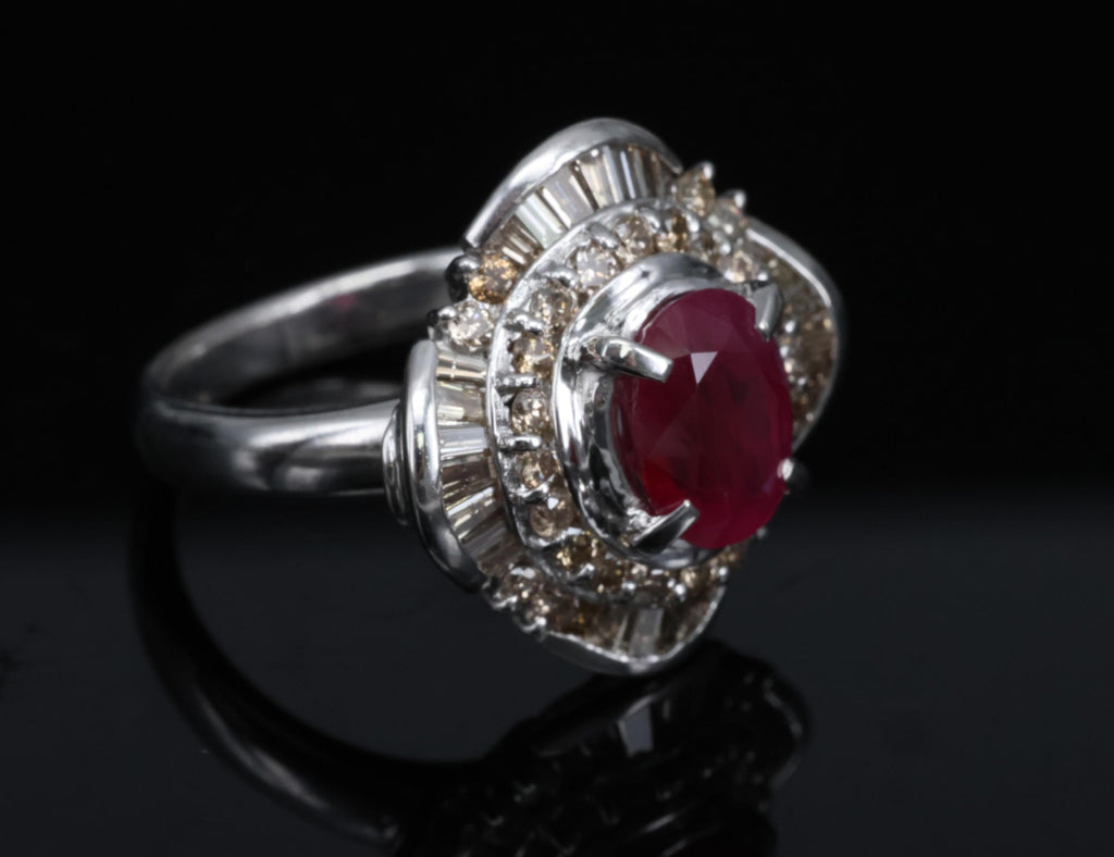 Vintage 2.54ct Intense Red Ruby & 1.55ct Diamond Platinum Ring Size 6.25