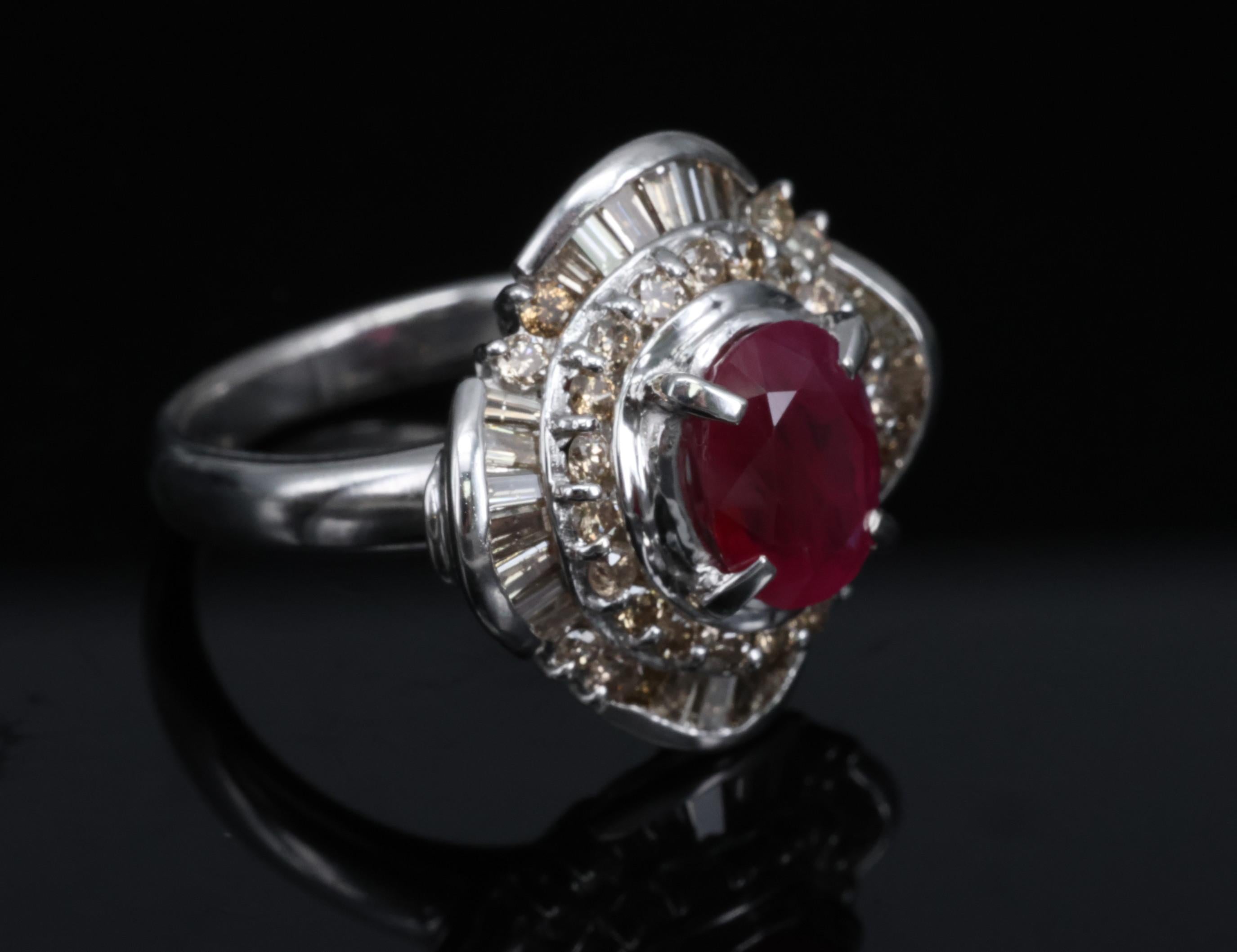 Vintage 2.54ct Intense Red Ruby & 1.55ct Diamond Platinum Ring Size 6.25