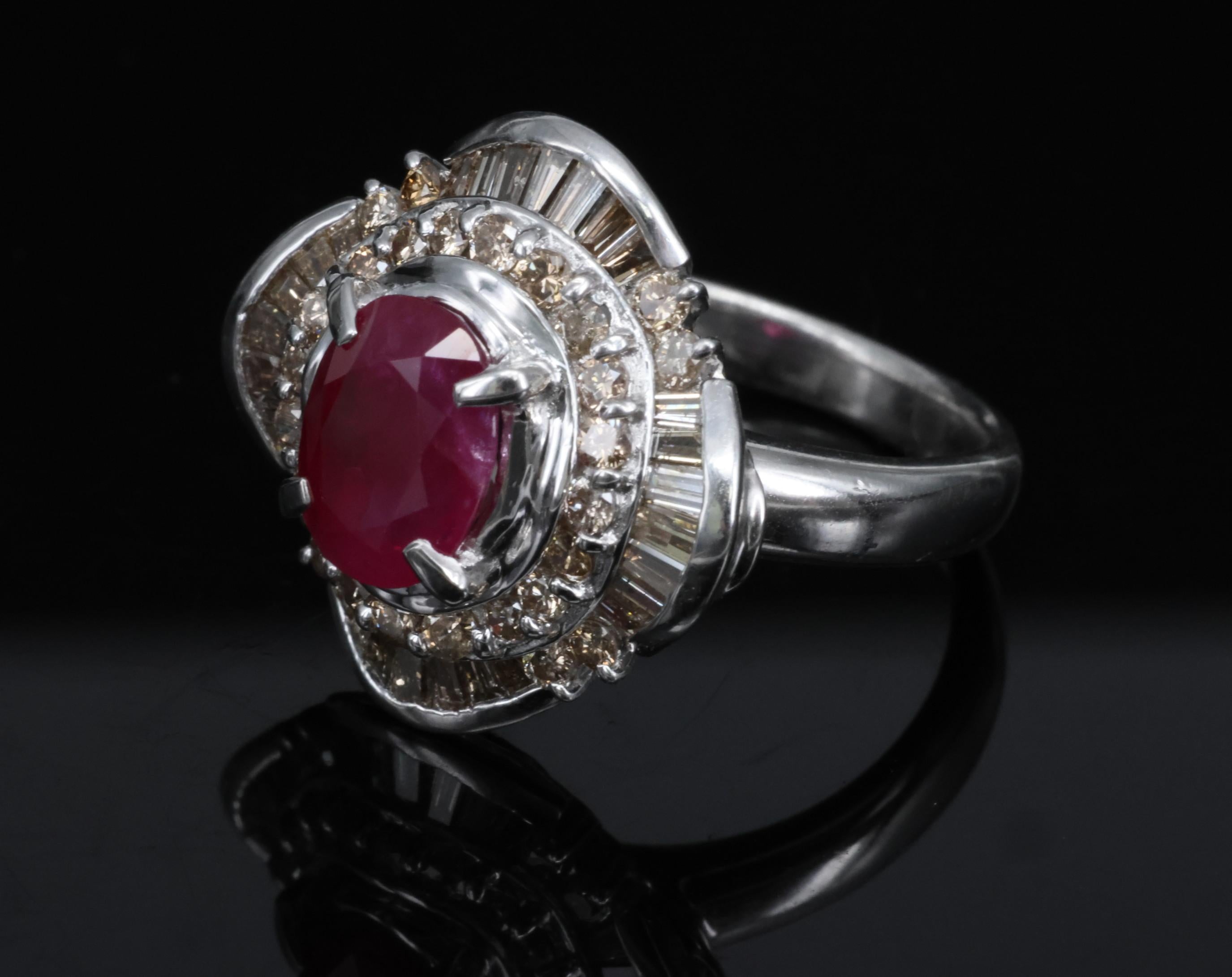 Vintage 2.54ct Intense Red Ruby & 1.55ct Diamond Platinum Ring Size 6.25