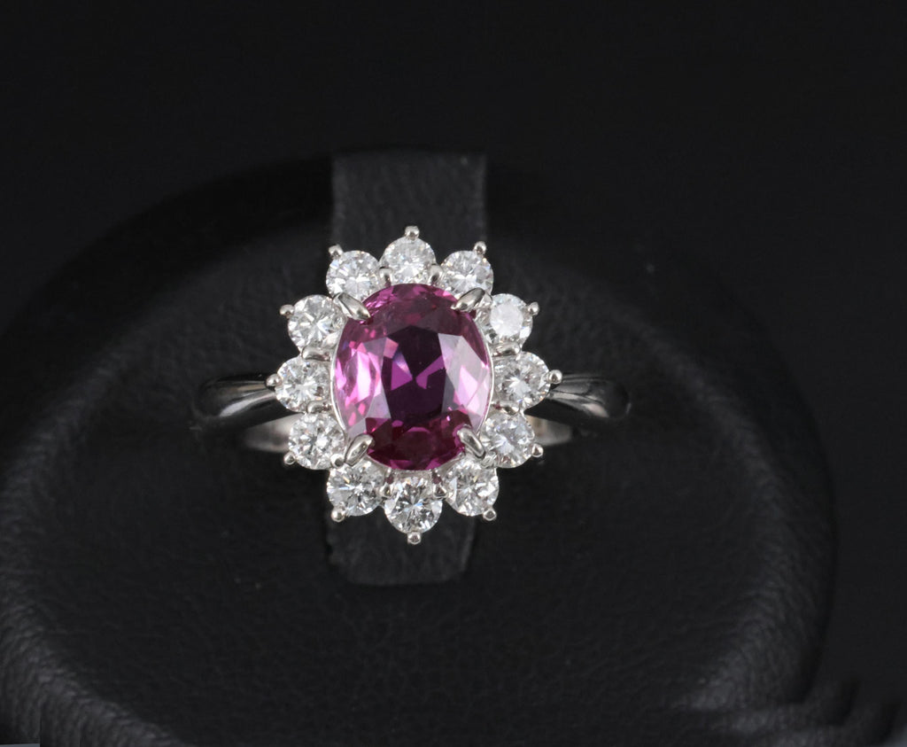 1.80ct GIA Madagascar Pink Sapphire 0.60ct Diamond Halo Platinum Ring Size 5.75