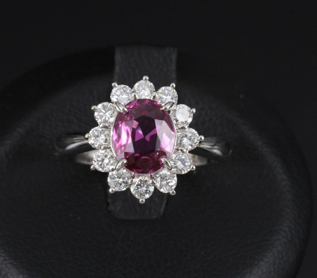 1.80ct GIA Madagascar Pink Sapphire 0.60ct Diamond Halo Platinum Ring Size 5.75